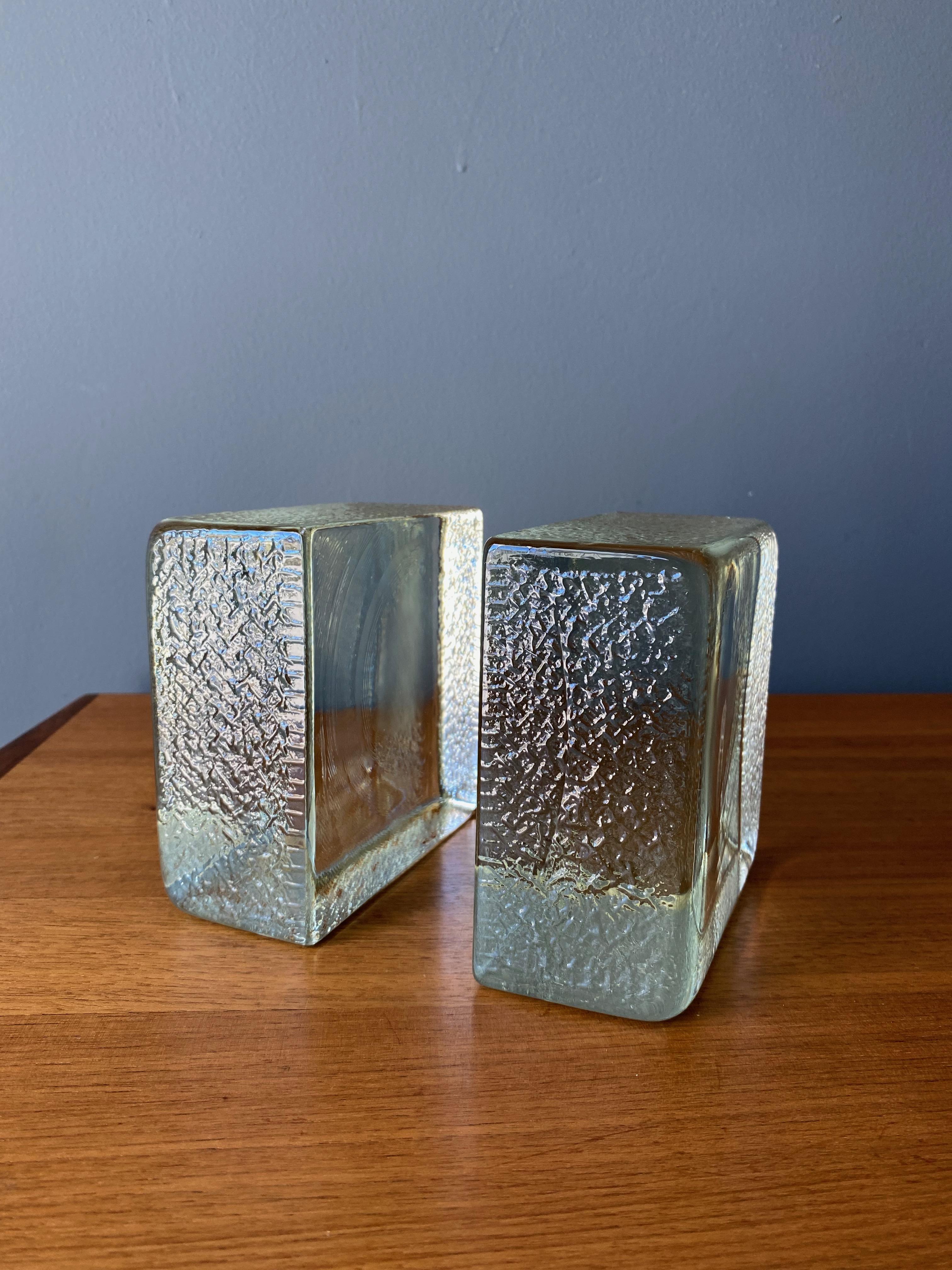 Solid Glass Block Bookends By Blenko, textured edge.