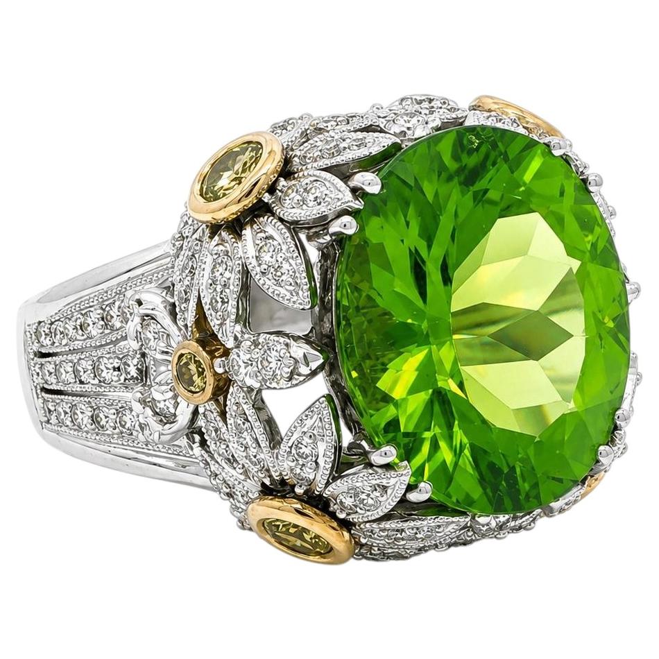 Solid Gold 11.80ctw Large Oval Peridot Diamond Daisy Flower Setting Ring For Sale