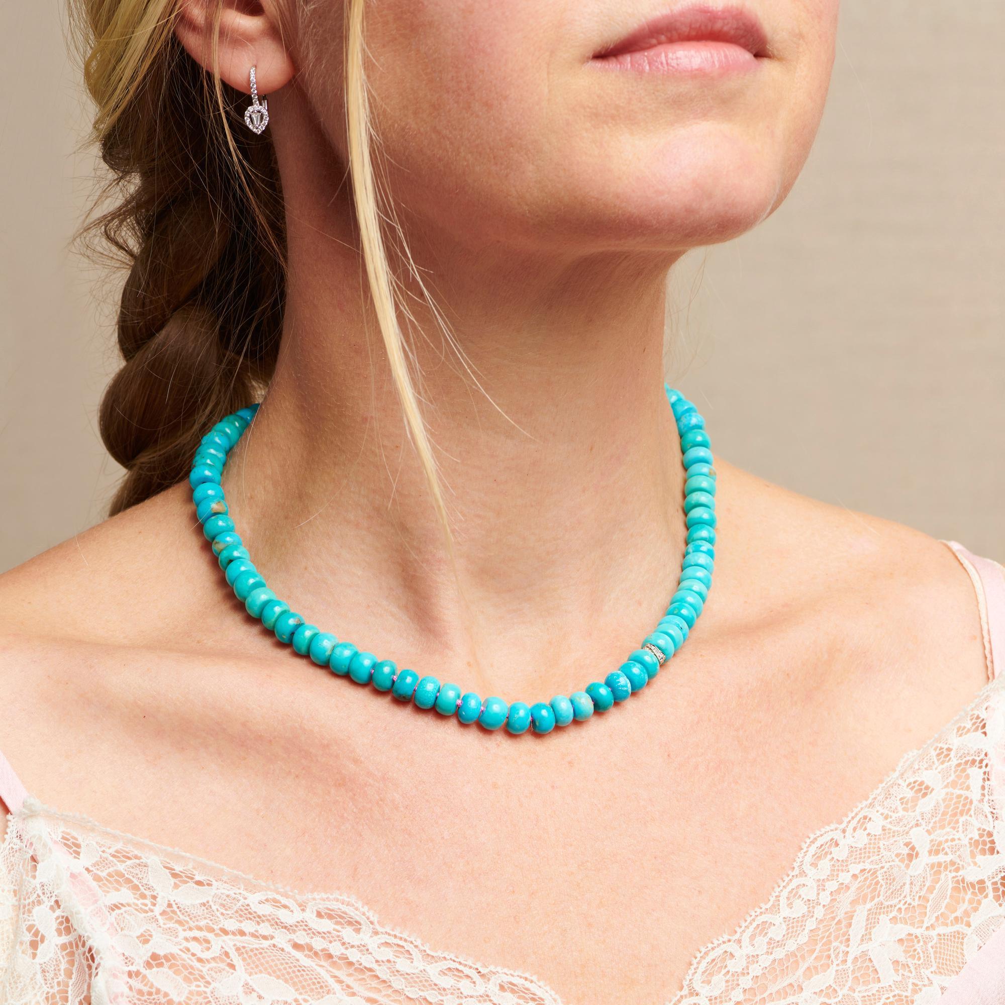 Modern Solid Gold 14K Arizona Sleeping Beauty Turquoise Beaded Necklace with Diamonds
