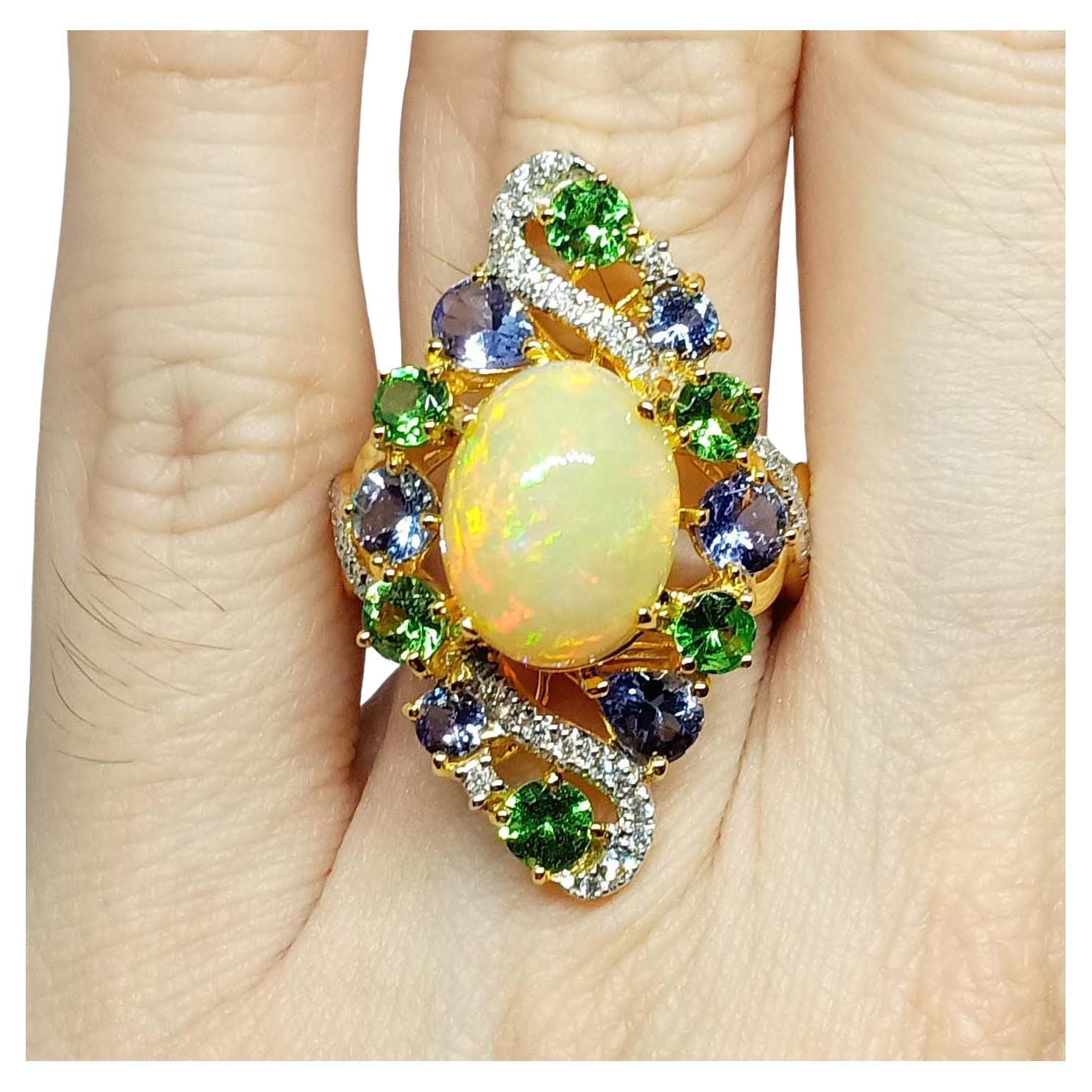 Solid Gold 14K Opal Tanzanites Tsavorite with Diamonds For Sale