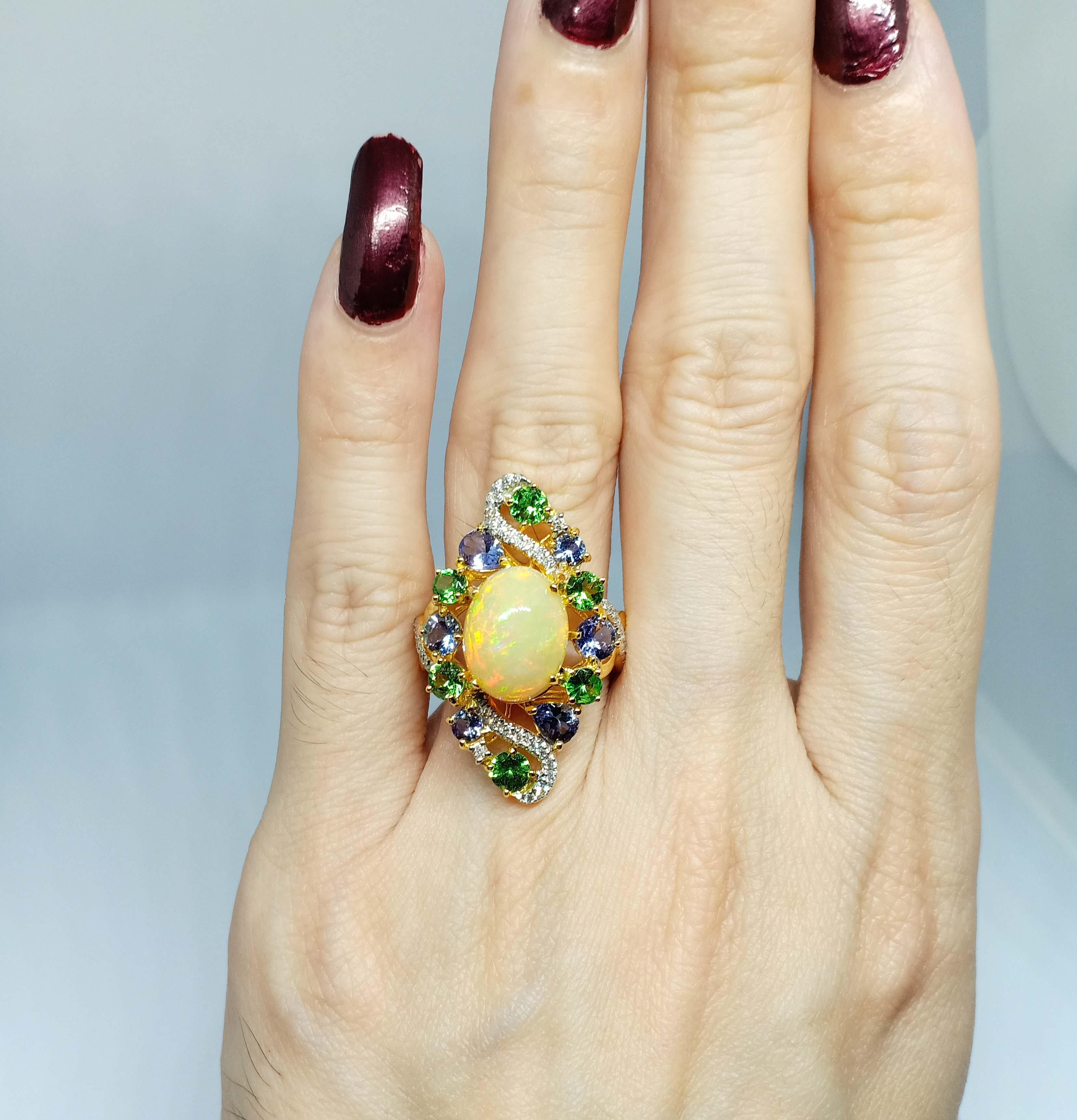 Art Nouveau Solid Gold 14K Opal Tanzanites Tsavorite with Diamonds For Sale