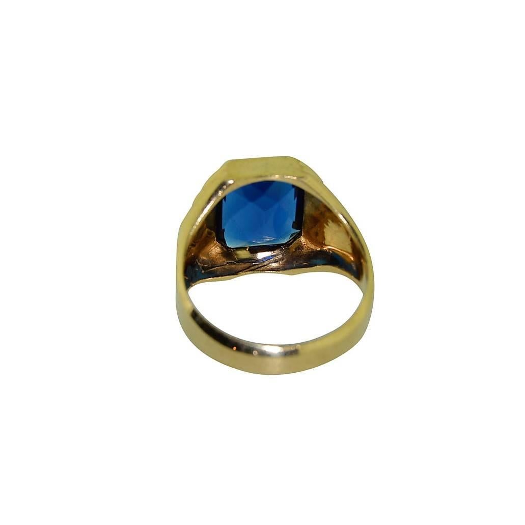 Men's Solid Gold Art Deco Signet Style Sapphire Ring Hand Constructed