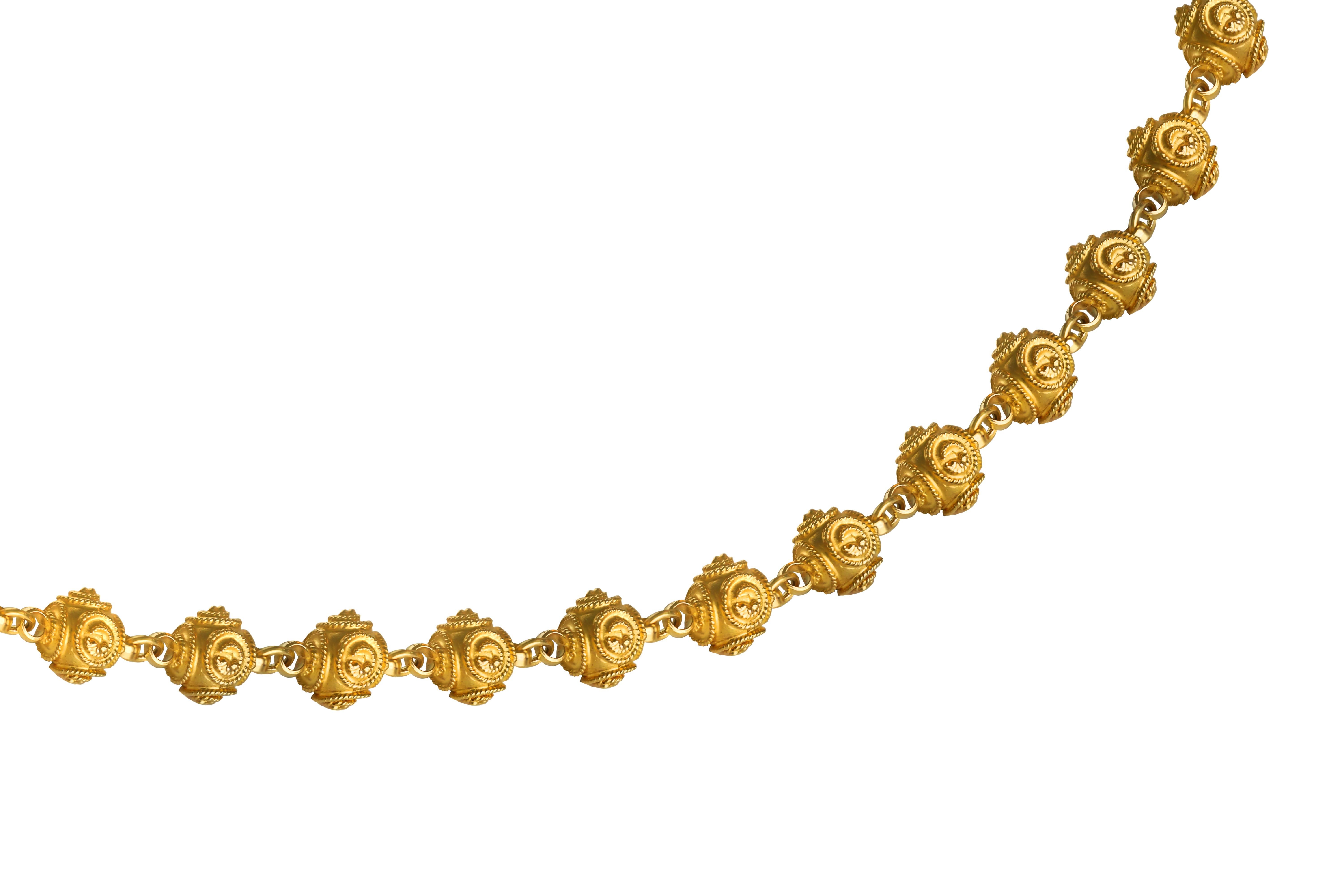 18K Yellow Gold Bead Etruscan Revival Necklace In Excellent Condition For Sale In West Palm Beach, FL