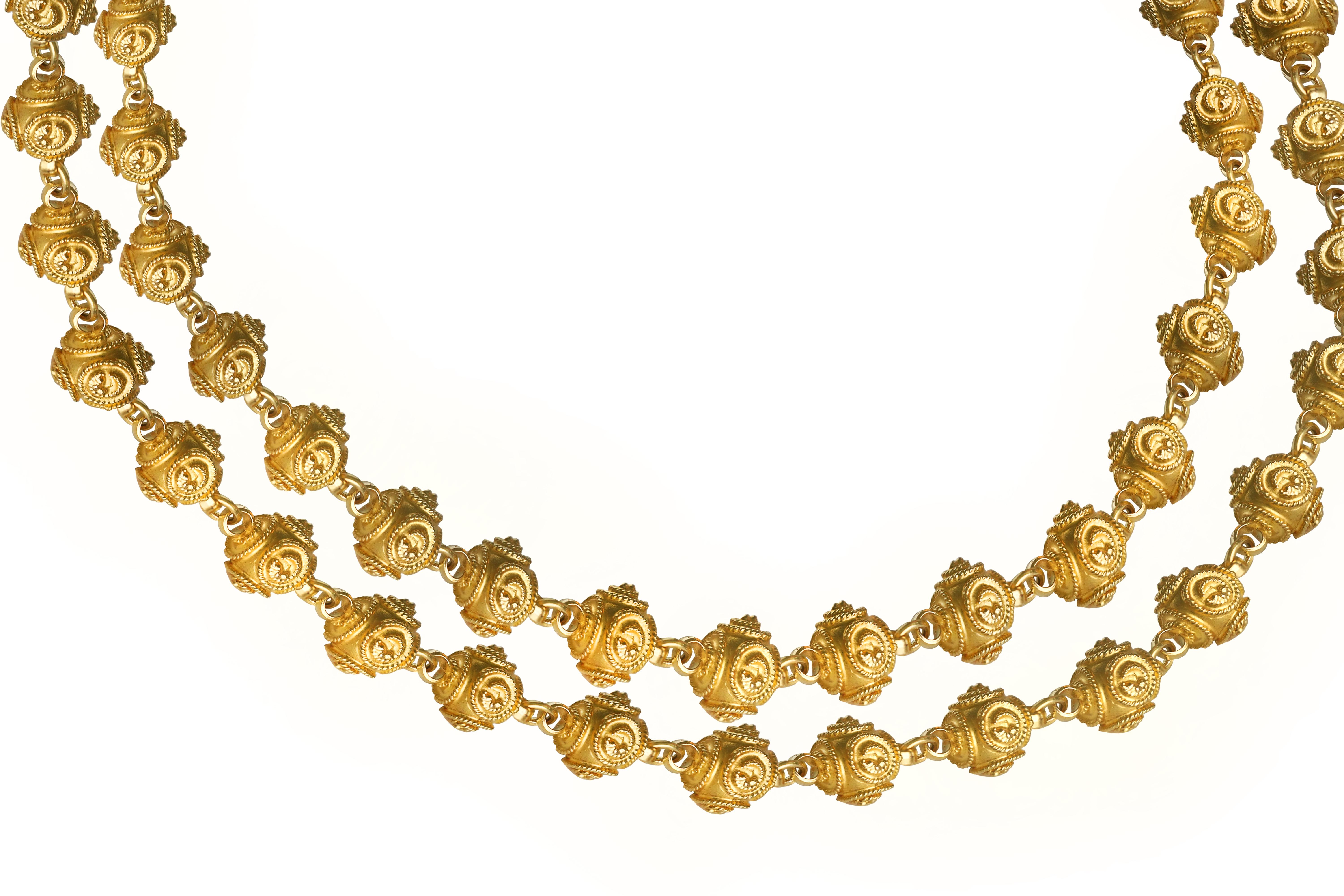18K Yellow Gold Bead Etruscan Revival Necklace For Sale 1