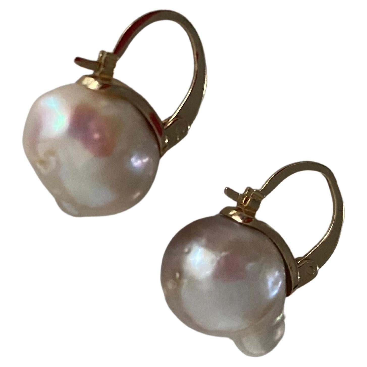 Solid Gold Baroque Pearl Drop Earrings For Sale