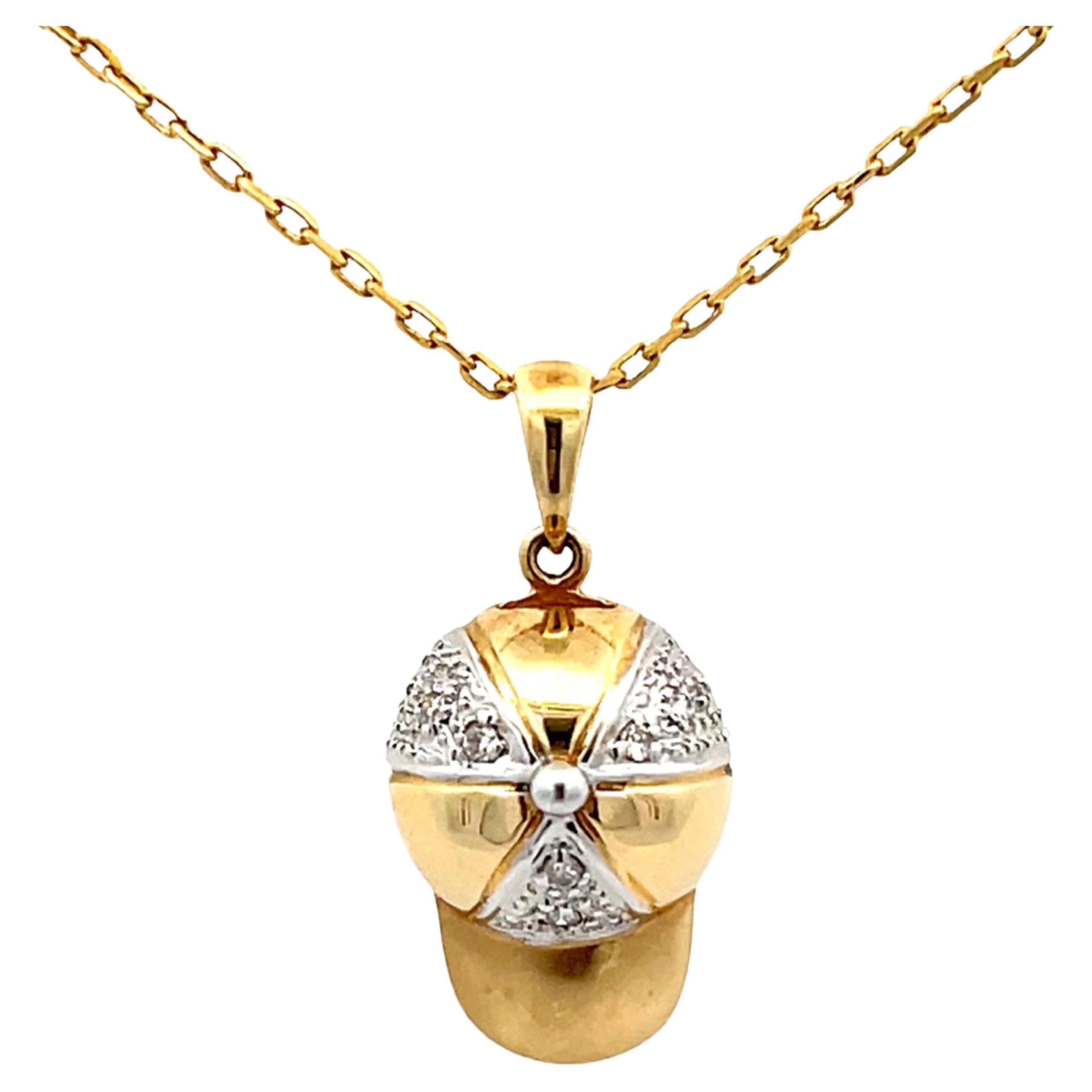 Solid Gold Baseball Hat Diamond Pendant Necklace For Sale