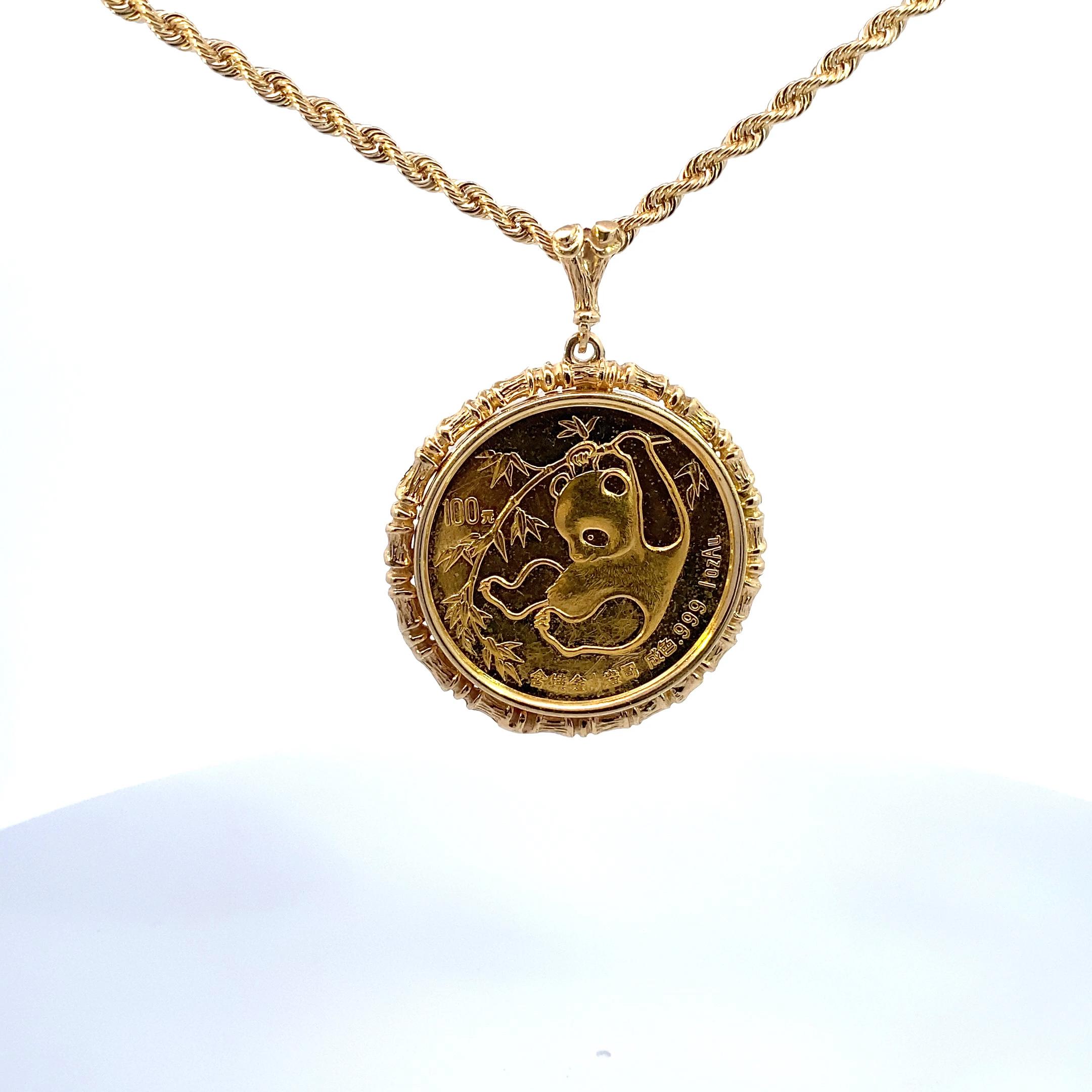 Solid Gold China Panda Coin Pendant with Chain In Good Condition For Sale In DALLAS, TX