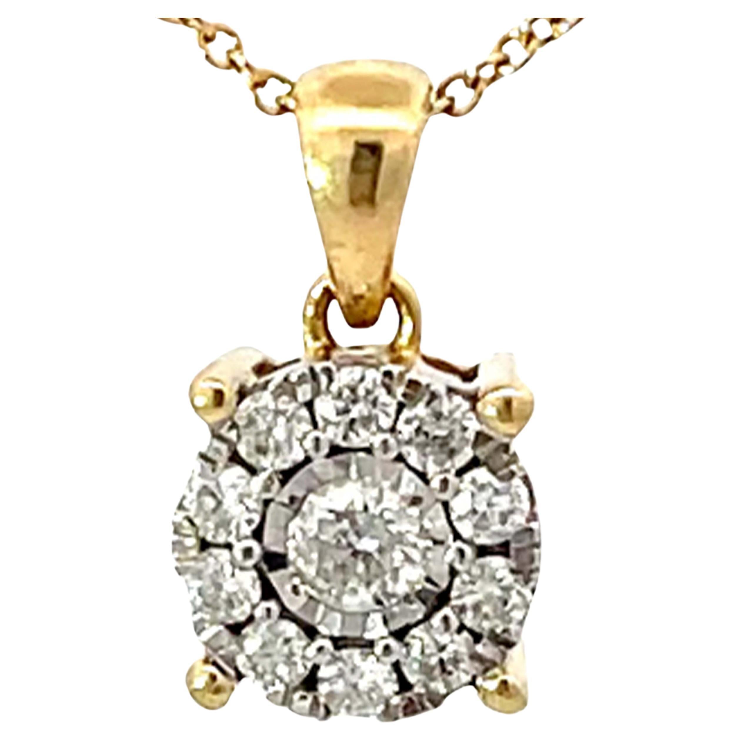 Solid Gold Diamond Halo Pendant Necklace For Sale