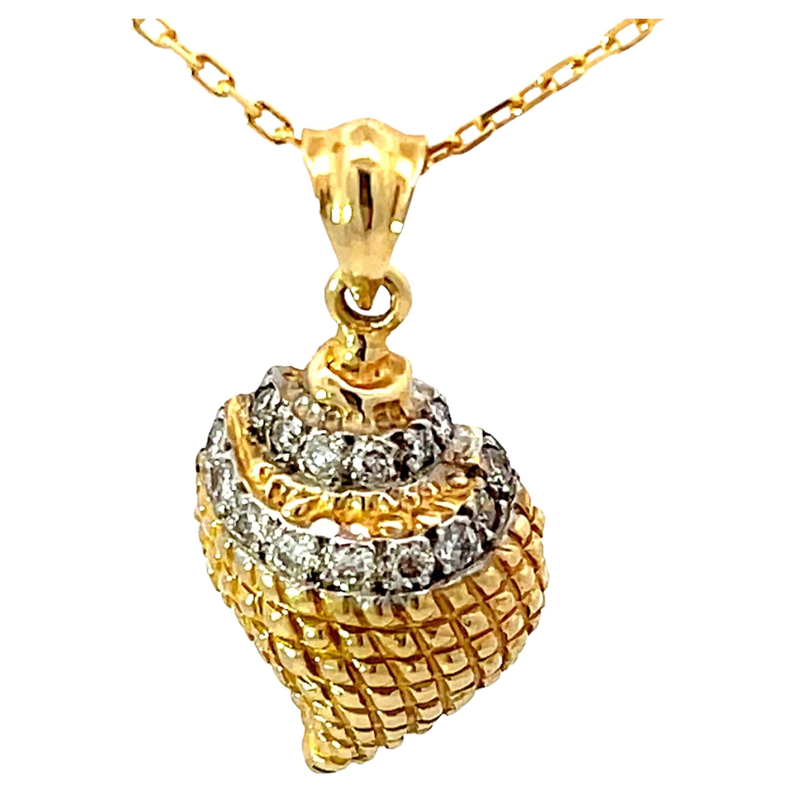 Solid Gold Diamond Seashell Pendant Necklace For Sale