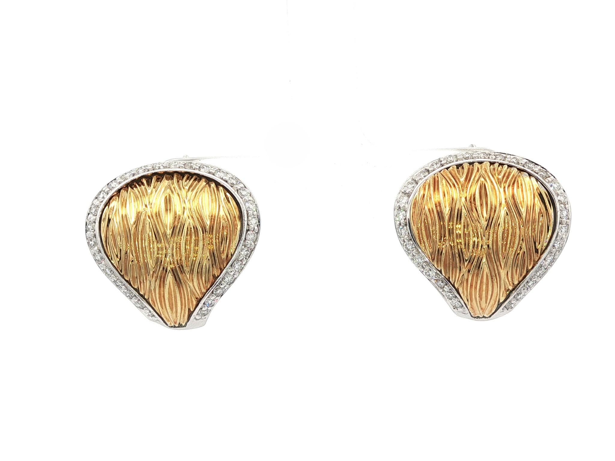 Solid Gold Diamond Wavy Pattern Textured Cuff Omega Clip On Earrings For Sale