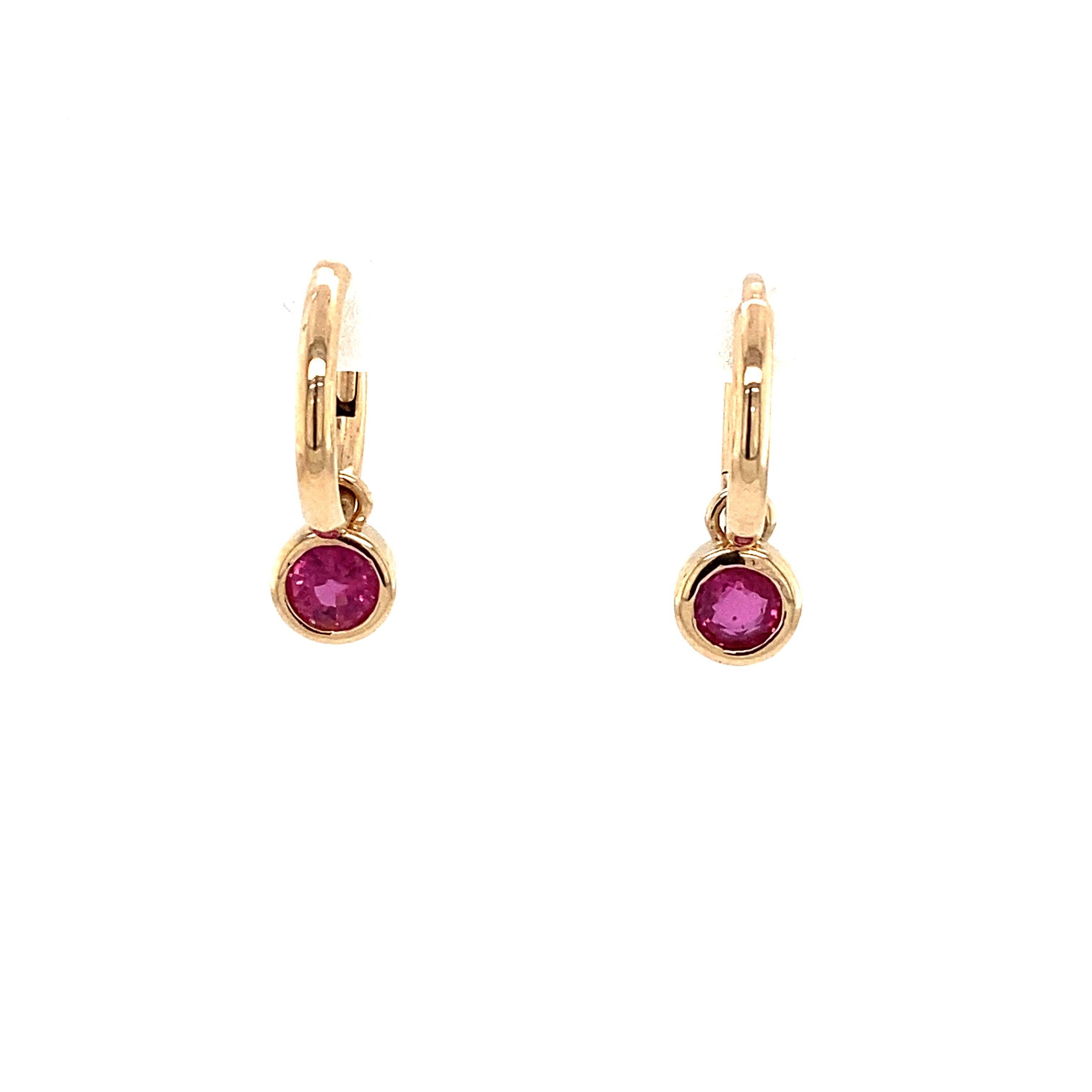 Solid Gold Drop Hoop Earrings Set with 0.60ct Rubies in 14ct Gold In New Condition For Sale In London, GB