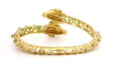 Solid Gold Emerald Diamond Open Work Detailed Ram's Head Bypass Bangle Bracelet