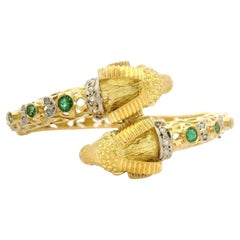 Solid Gold Emerald Diamond Open Work Detailed Ram's Head Bypass Bangle Bracelet