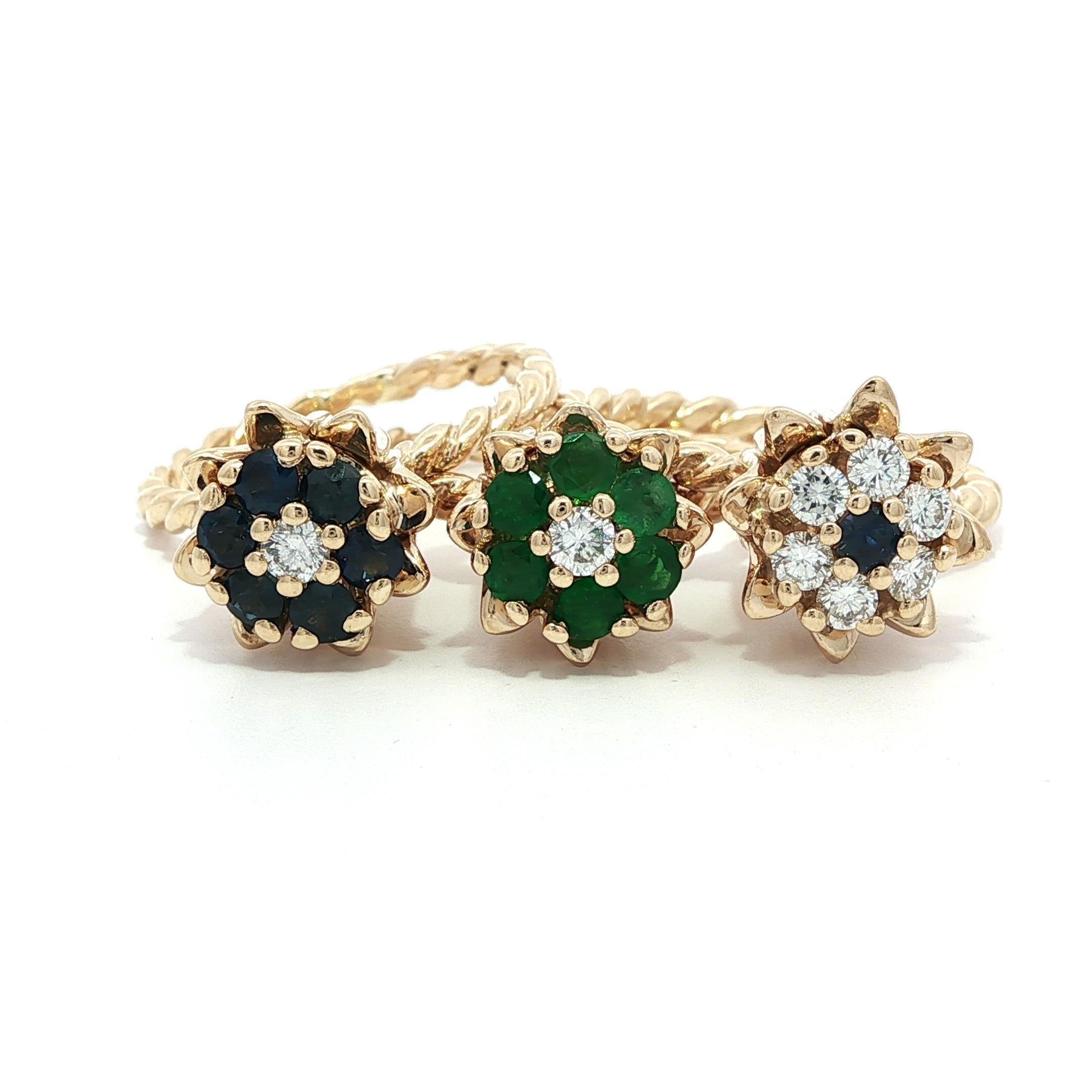 Massiv Gold Smaragd Saphir & Diamant Tulip Twisted Wire Stack Satz von 3 Ringe im Angebot