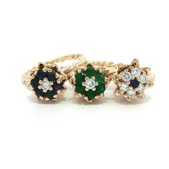 Juego de 3 anillos de oro macizo con zafiro esmeralda y diamantes en forma de tulipán trenzado