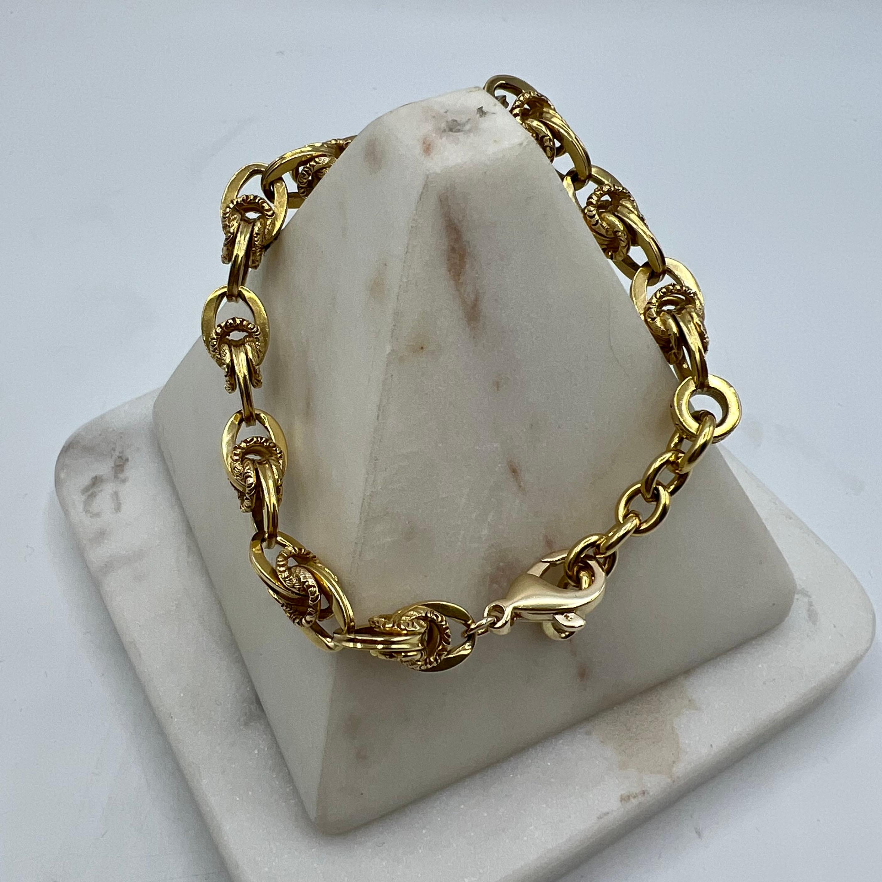 Solid Gold Filigree Link Bracelet in 14 Karat Yellow Gold In Excellent Condition For Sale In Berkeley, CA