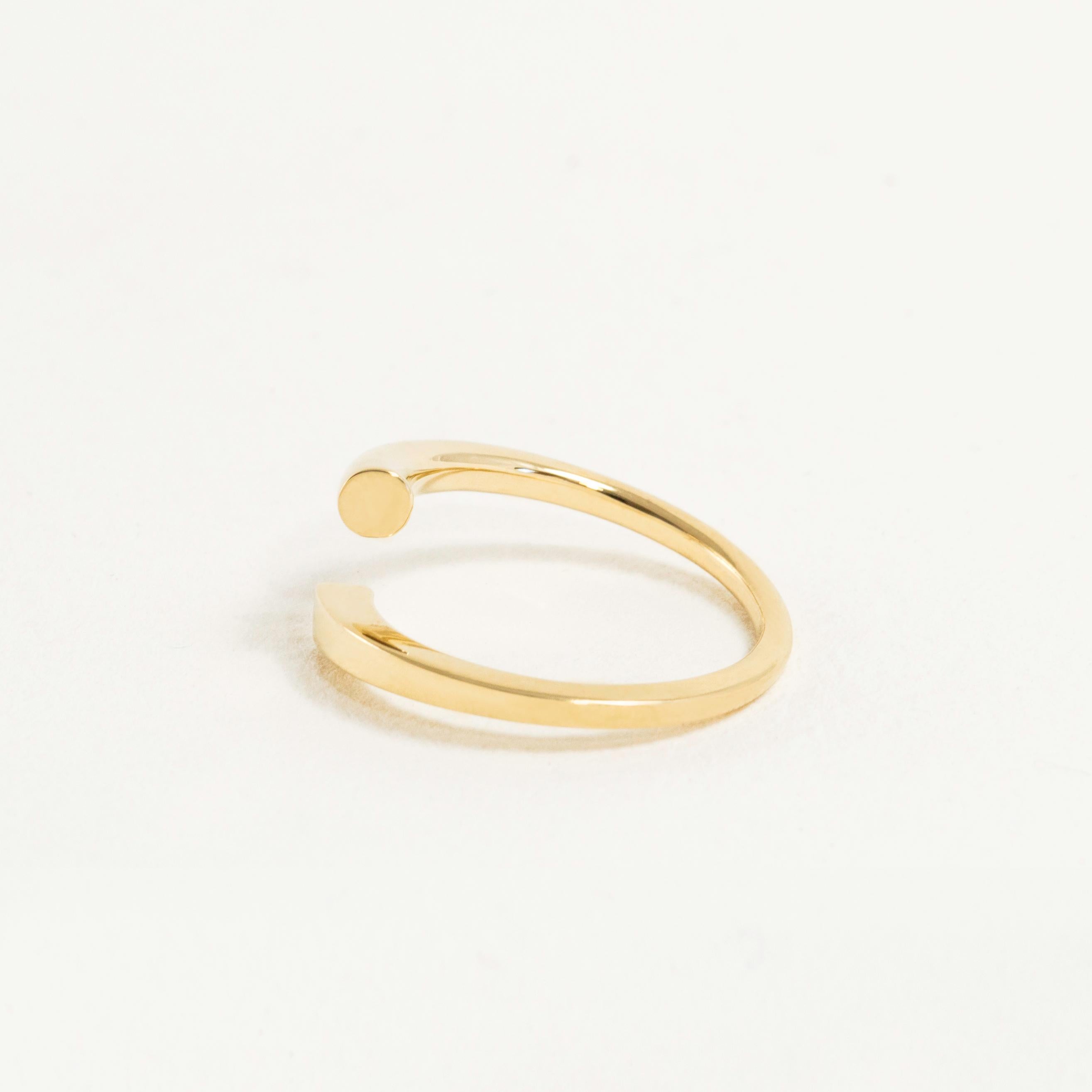 The Flow Ring gently transforms from a square to a circle as it wraps around the finger. Its tilting asymmetry and open-ended form evoke the idea of radical change—where we begin does not define where we can go. Crafted in solid 14k gold, the Flow