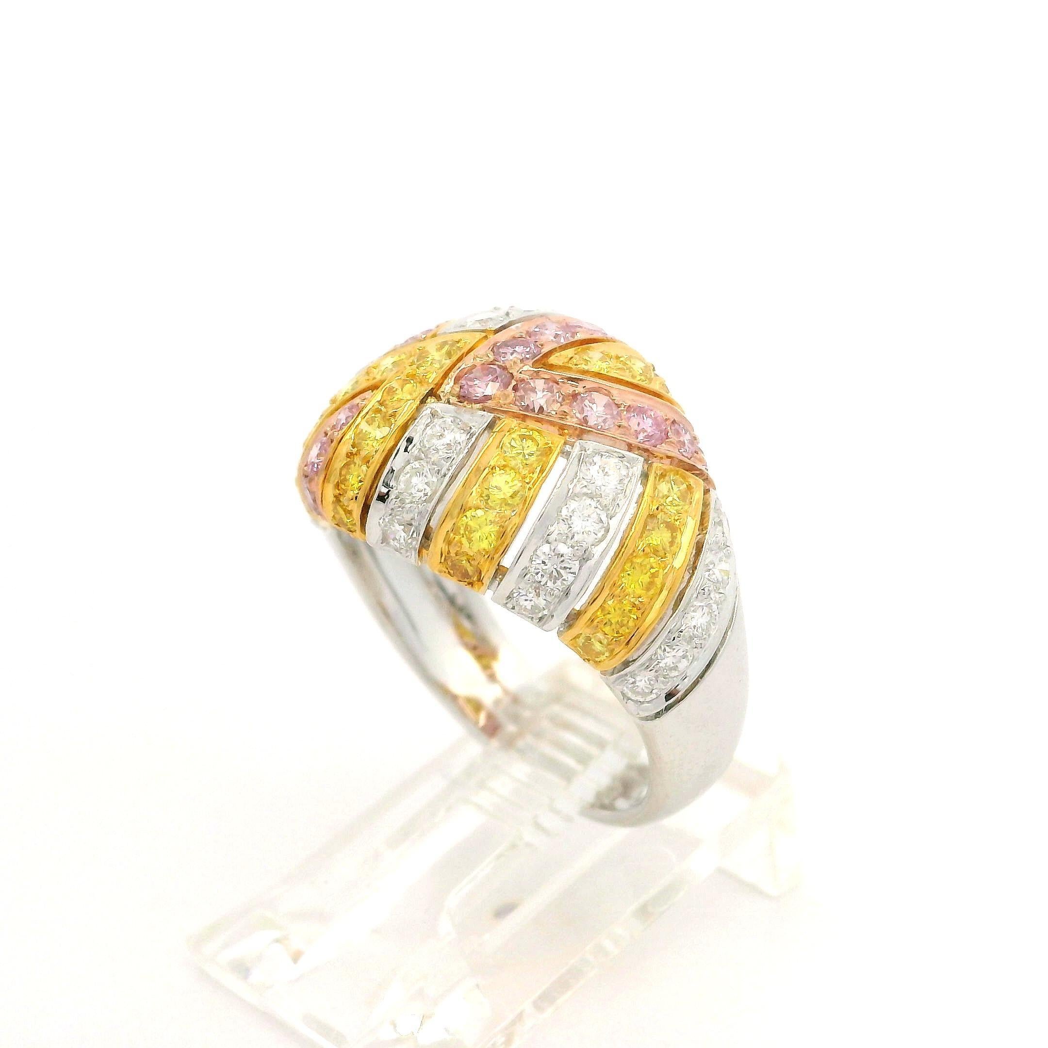 Solid Gold GIA 1.49ctw Natural Fancy Yellow & Pink Diamond Domed Mosaic Ring For Sale 5