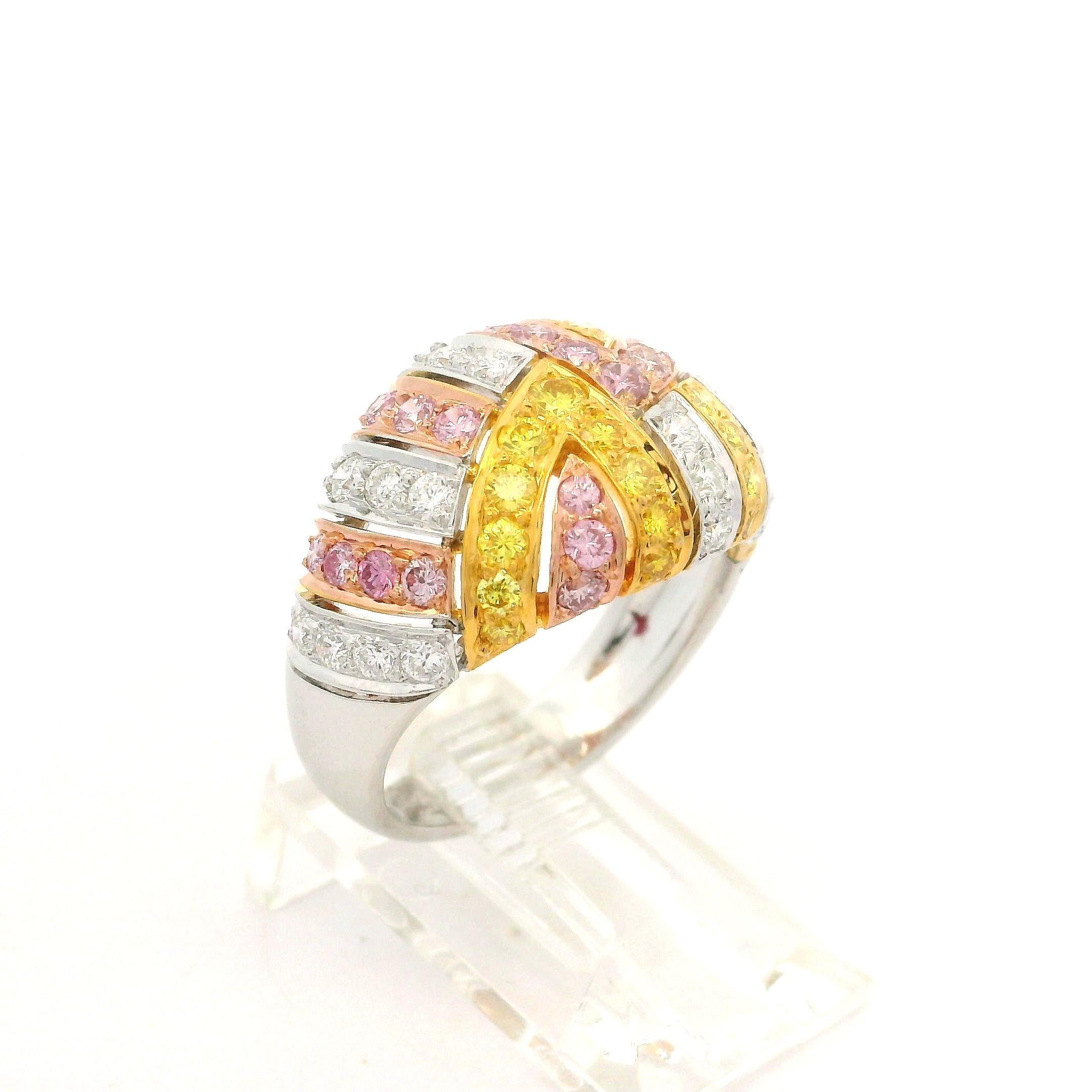 Solid Gold GIA 1.49ctw Natural Fancy Yellow & Pink Diamond Domed Mosaic Ring For Sale 6