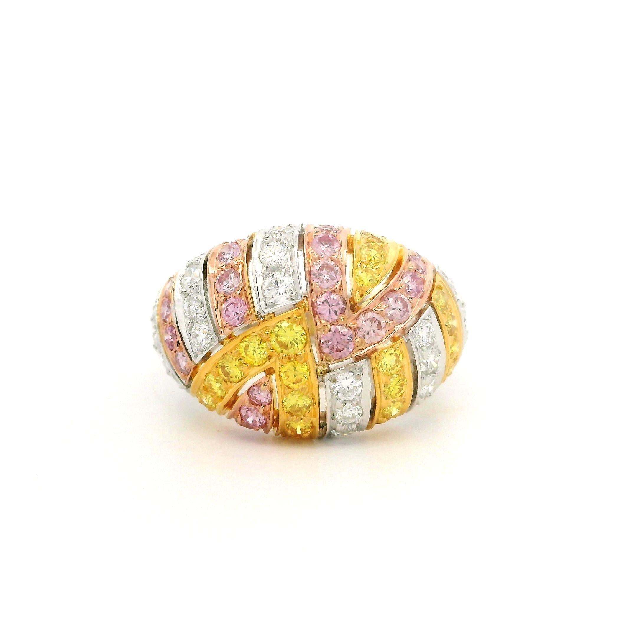 Solid Gold GIA 1.49ctw Natural Fancy Yellow & Pink Diamond Domed Mosaic Ring For Sale 7