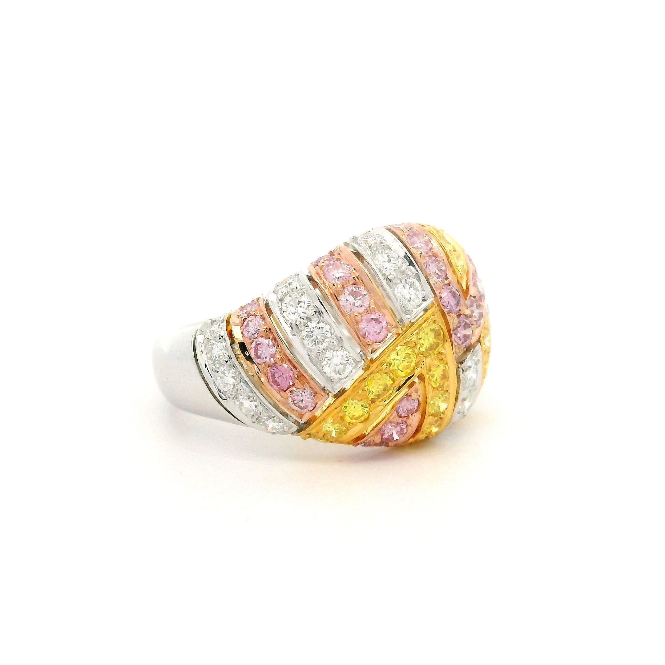 Solid Gold GIA 1.49ctw Natural Fancy Yellow & Pink Diamond Domed Mosaic Ring For Sale 8