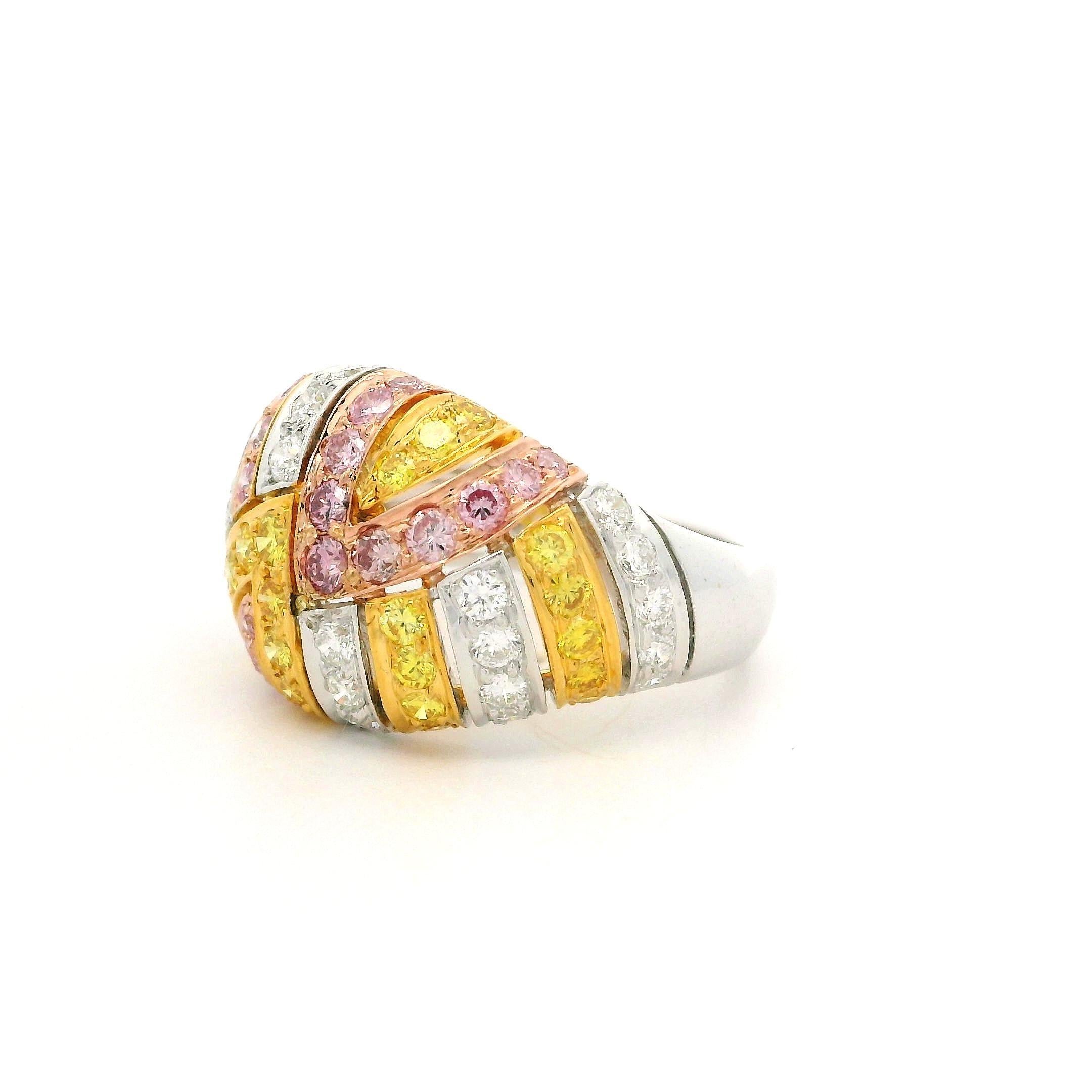 Solid Gold GIA 1.49ctw Natural Fancy Yellow & Pink Diamond Domed Mosaic Ring For Sale 9