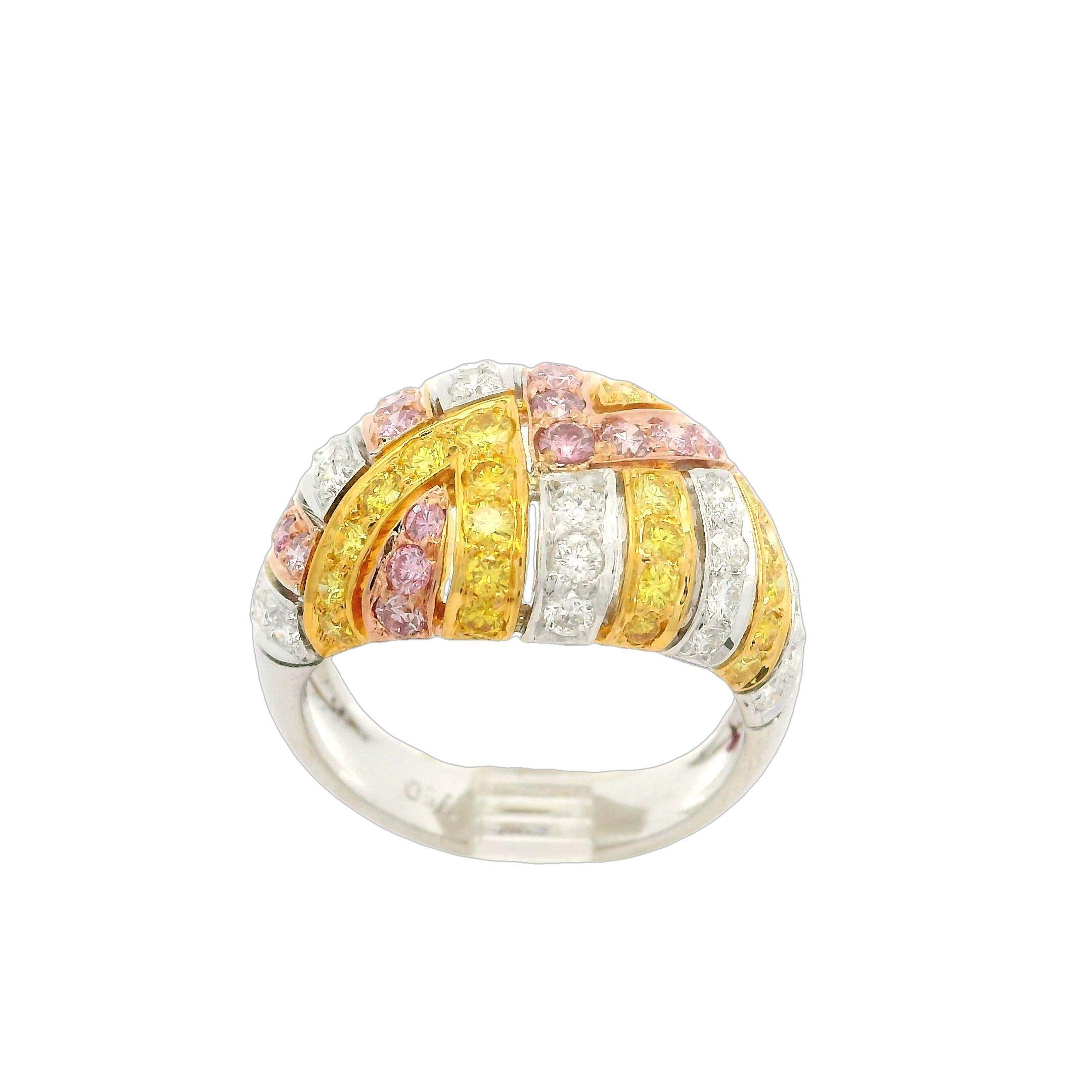 Women's Solid Gold GIA 1.49ctw Natural Fancy Yellow & Pink Diamond Domed Mosaic Ring For Sale