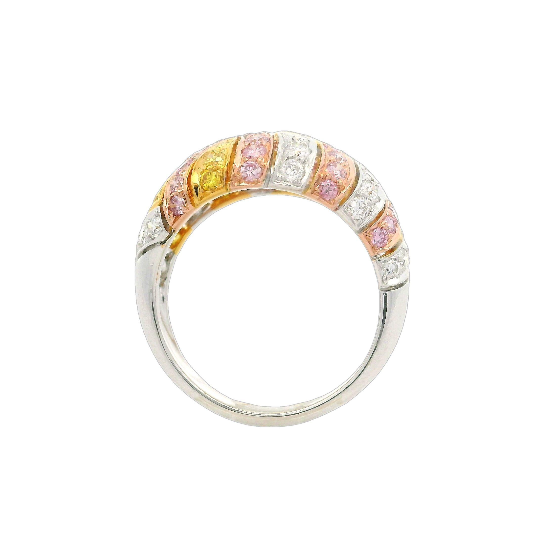 Solid Gold GIA 1.49ctw Natural Fancy Yellow & Pink Diamond Domed Mosaic Ring For Sale 1