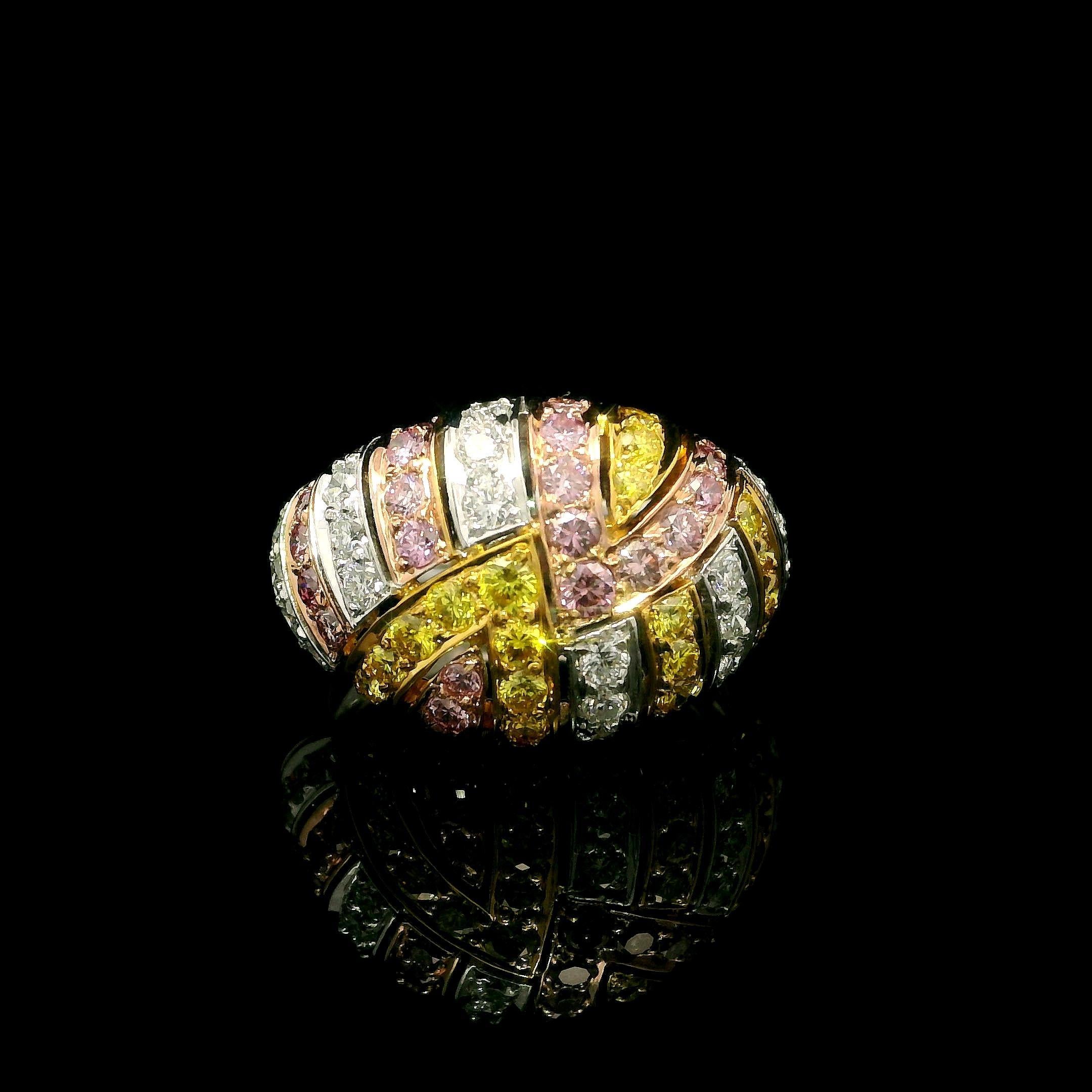 Solid Gold GIA 1.49ctw Natural Fancy Yellow & Pink Diamond Domed Mosaic Ring For Sale 2