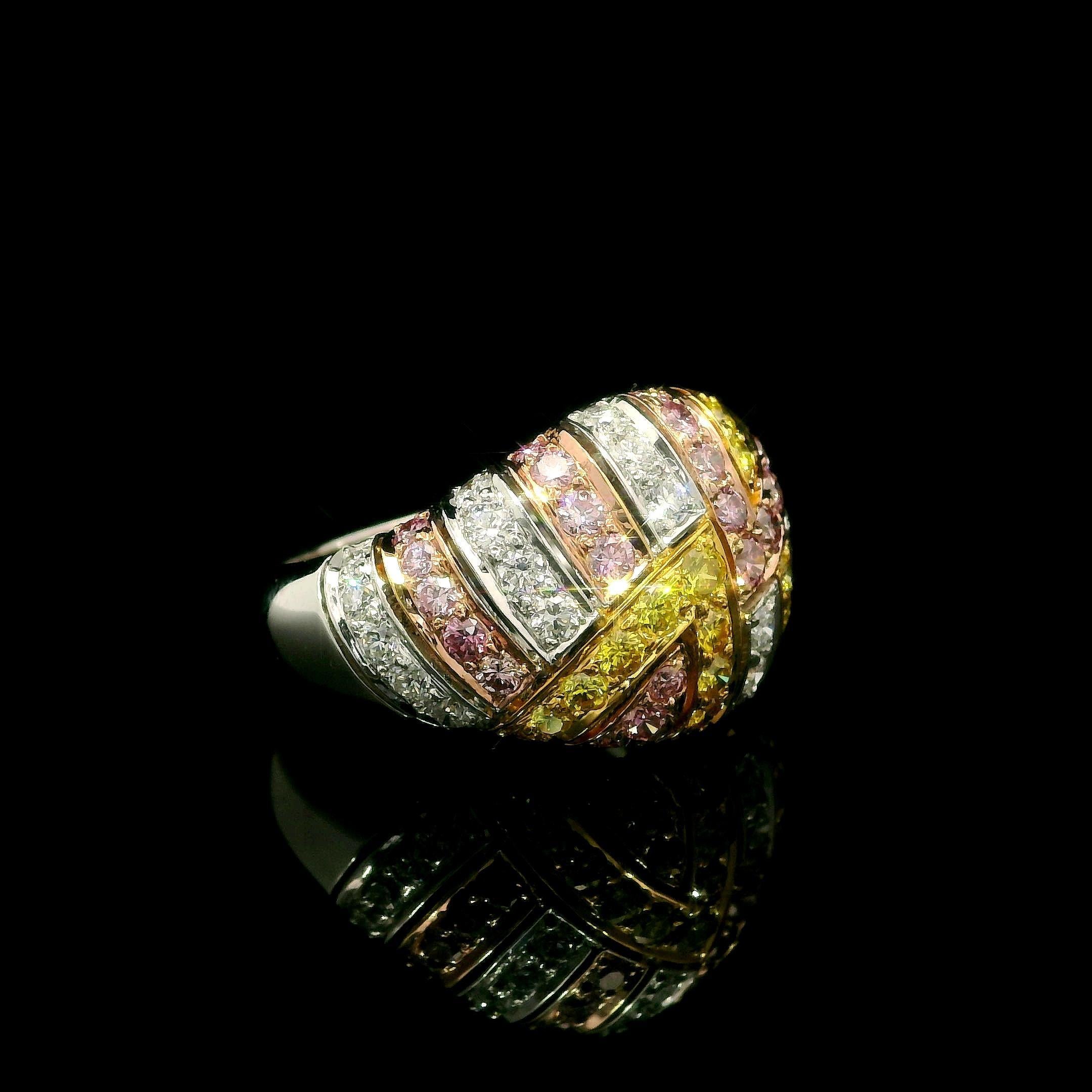 Solid Gold GIA 1.49ctw Natural Fancy Yellow & Pink Diamond Domed Mosaic Ring For Sale 3