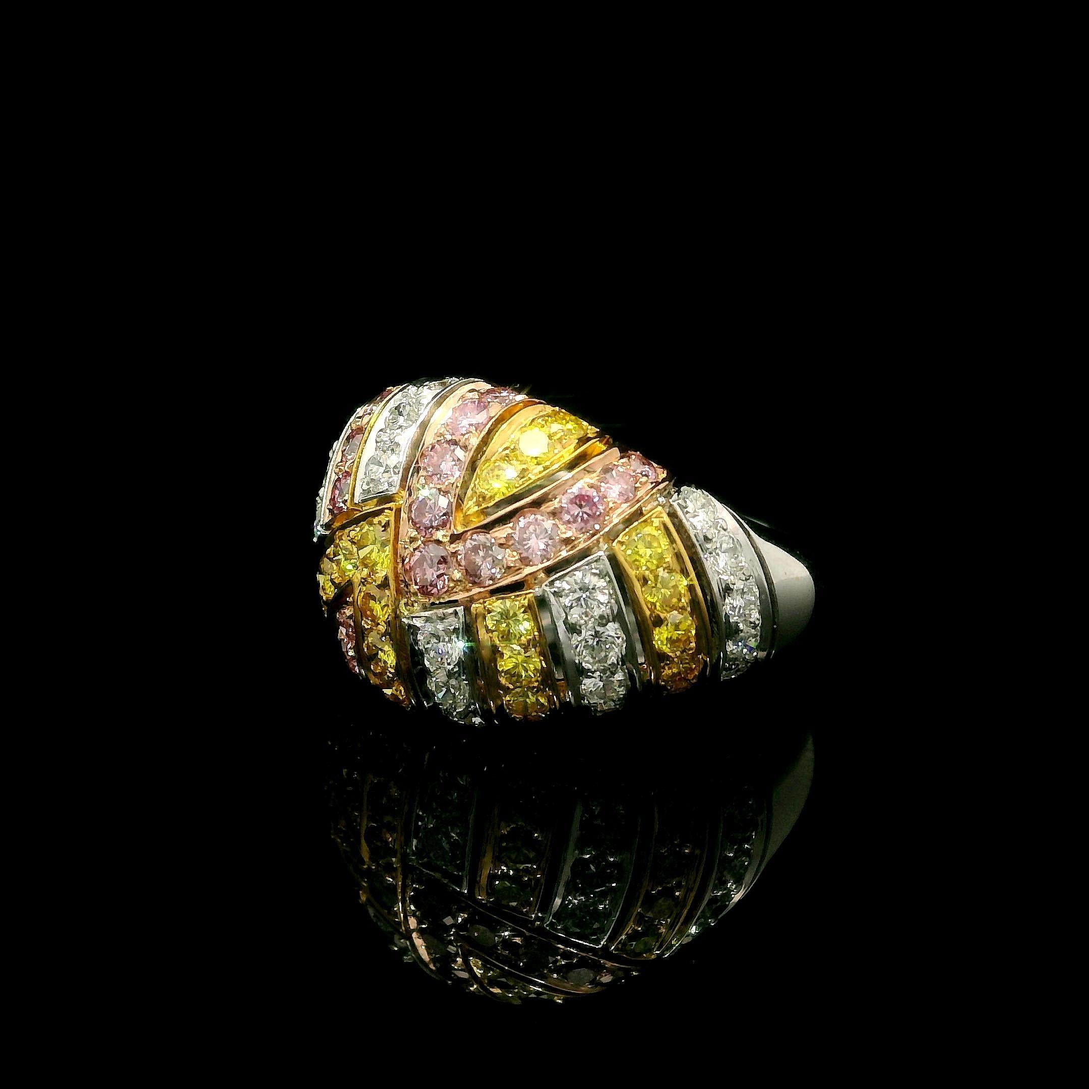 Solid Gold GIA 1.49ctw Natural Fancy Yellow & Pink Diamond Domed Mosaic Ring For Sale 4