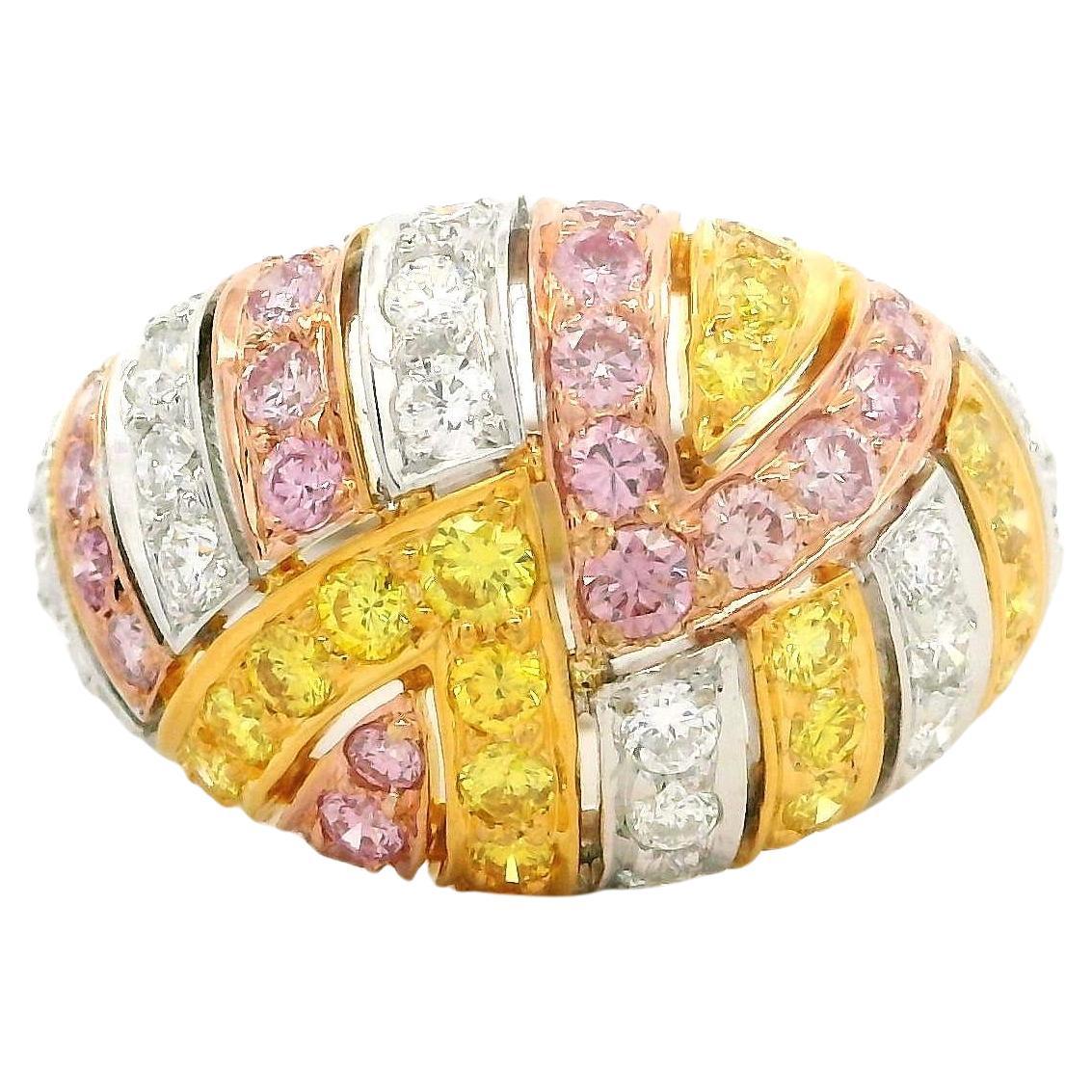 Solid Gold GIA 1.49ctw Natural Fancy Yellow & Pink Diamond Domed Mosaic Ring For Sale