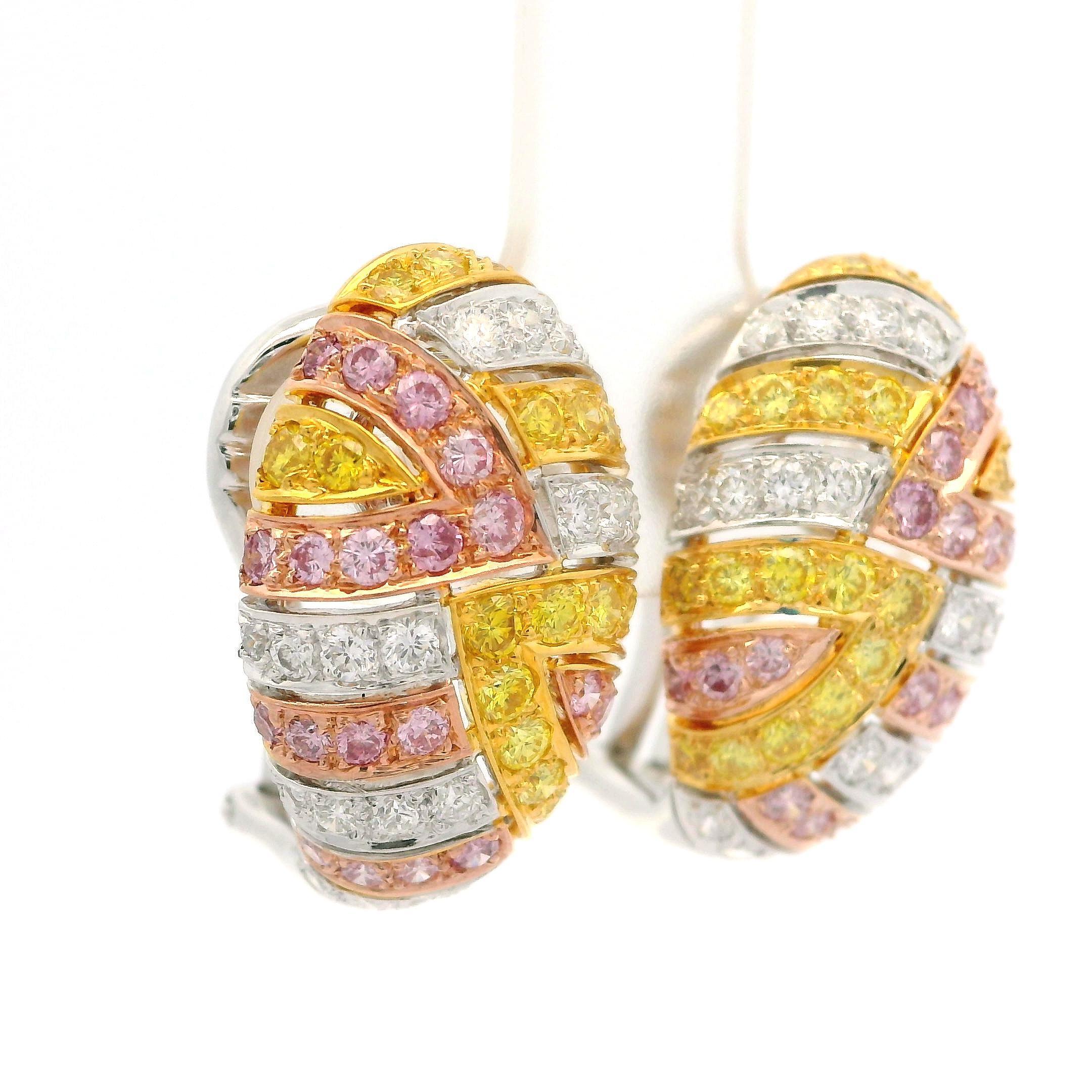 Brilliant Cut Solid Gold GIA 2.15ctw Natural Fancy Yellow & Purple Pink Diamond Earrings For Sale