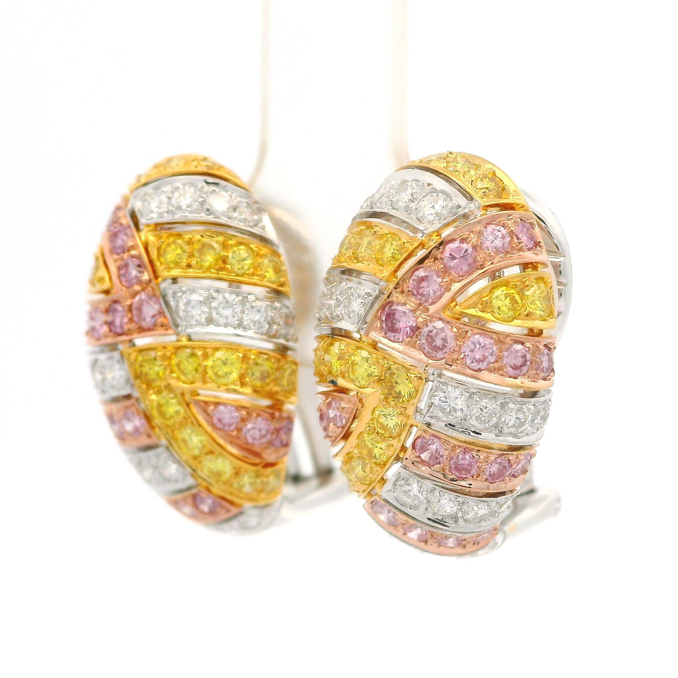 Solid Gold GIA 2.15ctw Natural Fancy Yellow & Purple Pink Diamond Earrings In Excellent Condition For Sale In Montclair, NJ