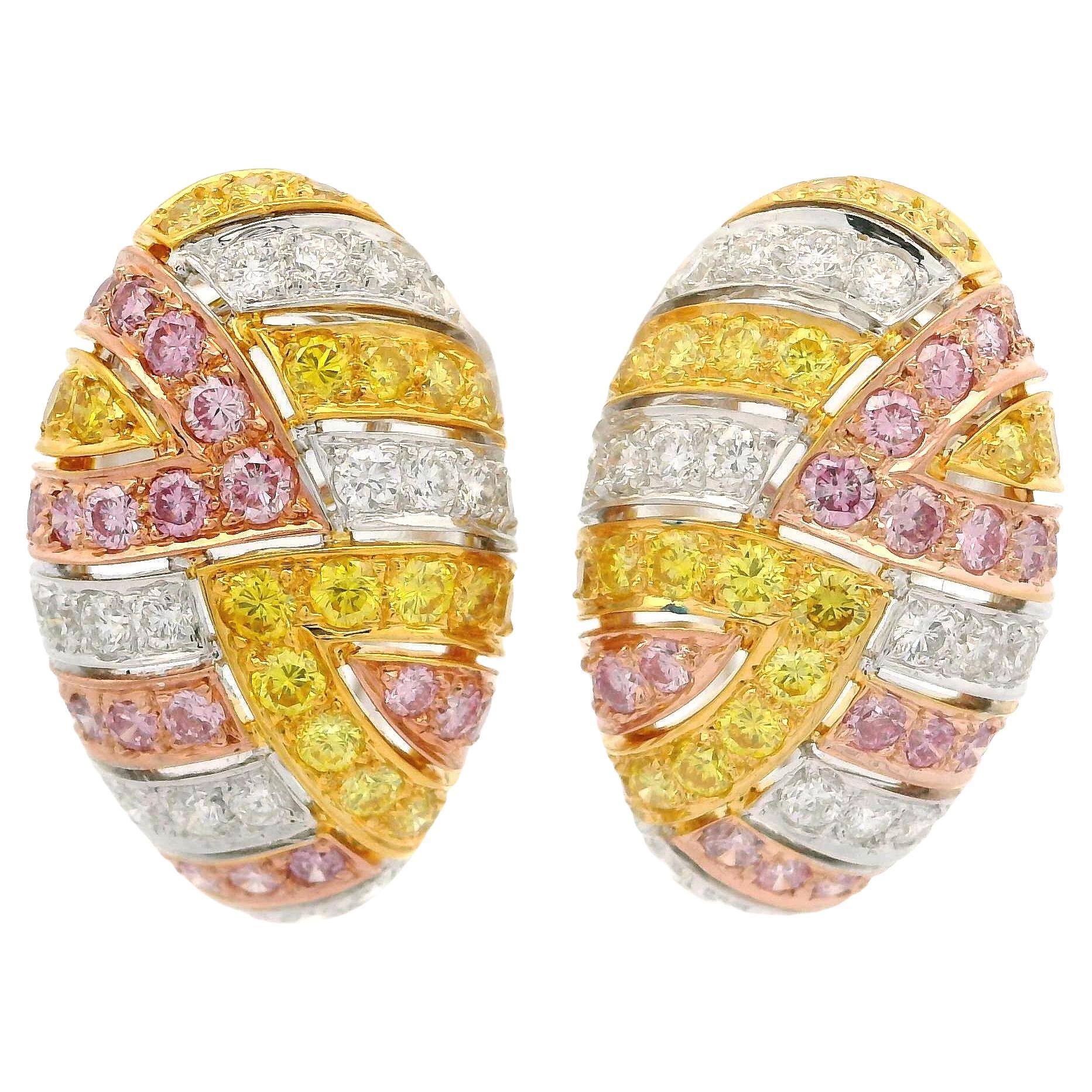 Solid Gold GIA 2.15ctw Natural Fancy Yellow & Purple Pink Diamond Earrings For Sale