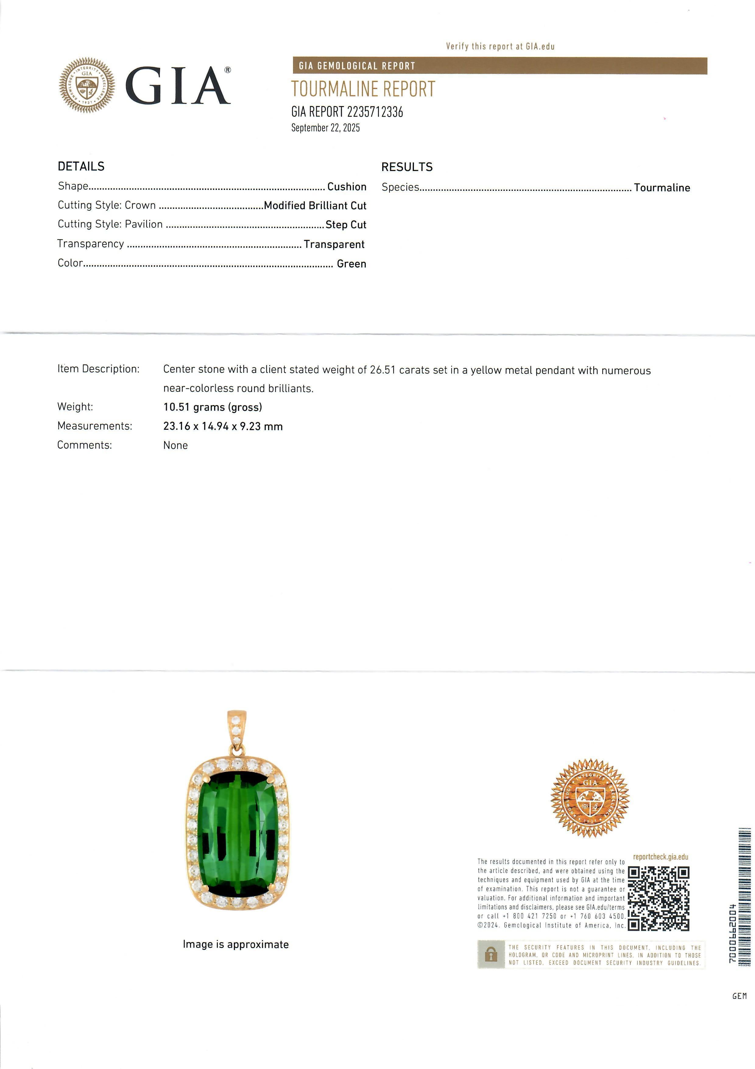 Pendentif en or massif GIA 28.51ctw Top Color Vivid Green Tourmaline Cushion Diamond Pour femmes en vente