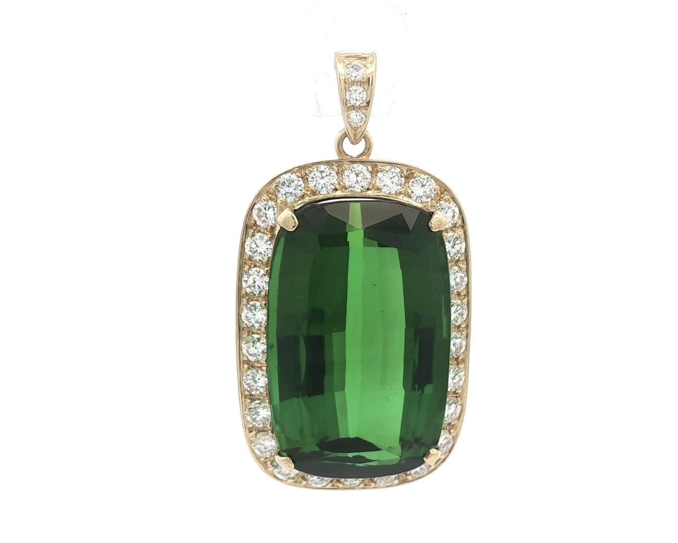 Pendentif en or massif GIA 28.51ctw Top Color Vivid Green Tourmaline Cushion Diamond en vente 4