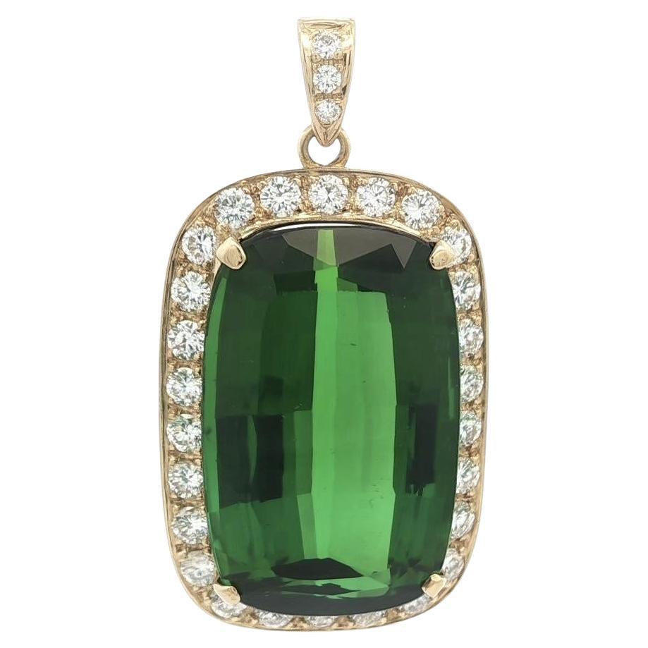 Pendentif en or massif GIA 28.51ctw Top Color Vivid Green Tourmaline Cushion Diamond