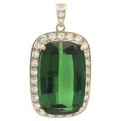 Pendentif en or massif GIA 28.51ctw Top Color Vivid Green Tourmaline Cushion Diamond