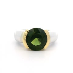 Solid Gold GIA 4.22ct No Heat Round Green No Heat Sapphire Half Bezel Ring