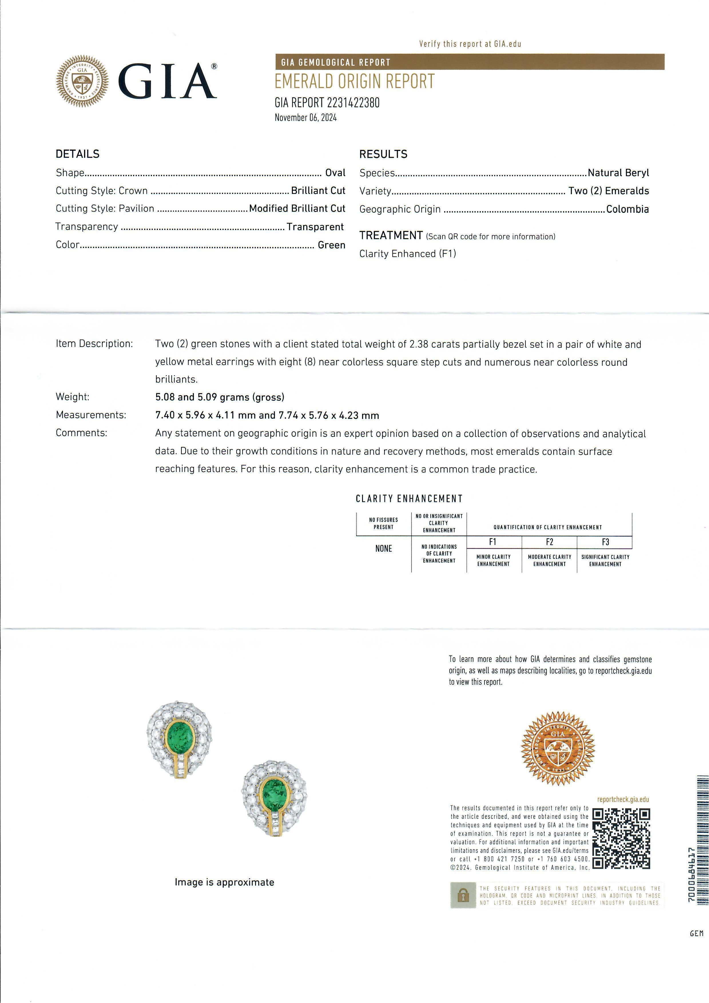 Pendiente de oro macizo GIA 7,52 ctw Esmeralda colombiana y diamante con botón de clip Corte oval en venta