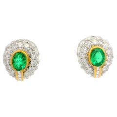 Solid Gold GIA 7.52ctw Colombian Emerald & Diamond Button Clip On Earring