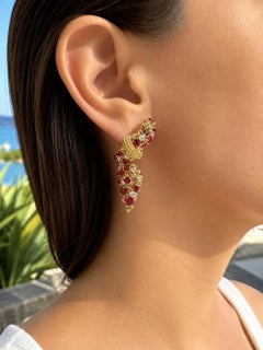 Solid Gold GIA Vivid Red Burma No Heat Ruby Diamond Cluster Drop Earrings