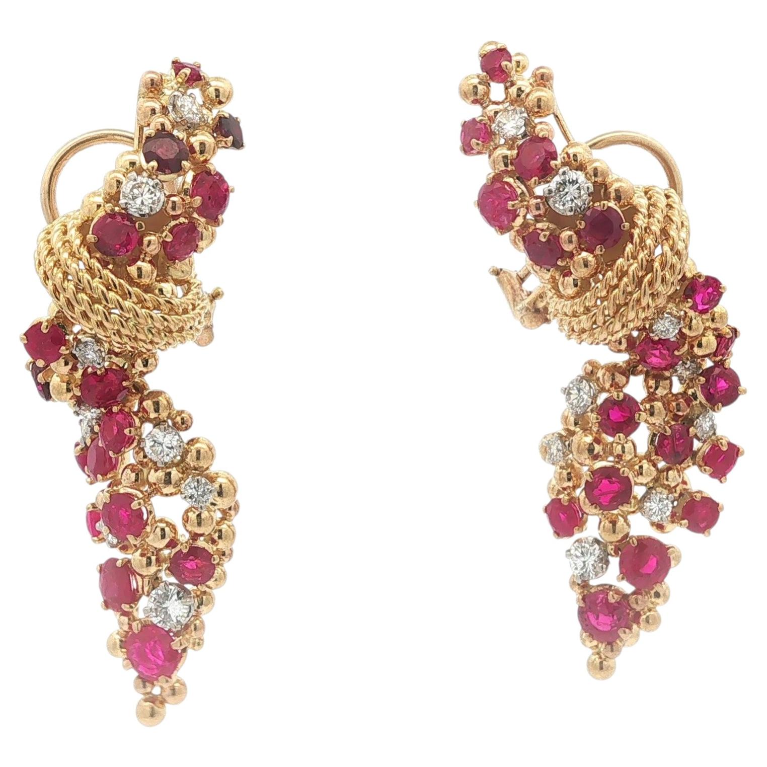 Solid Gold GIA Vivid Red Burma No Heat Ruby Diamond Cluster Drop Earrings For Sale