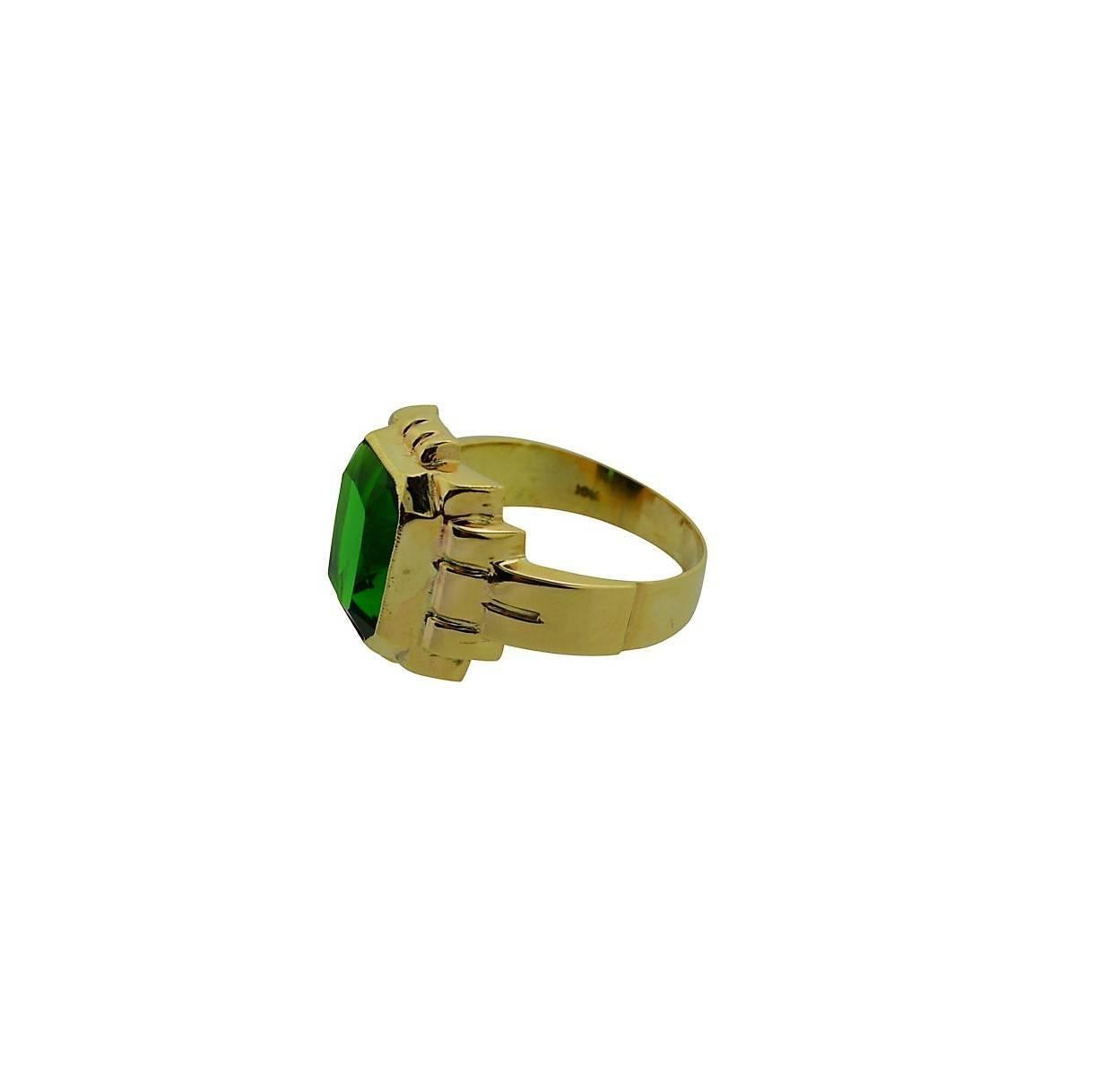 Men's Solid Gold Hand Constructed Art Deco Ring Set with Synthetic Emerald