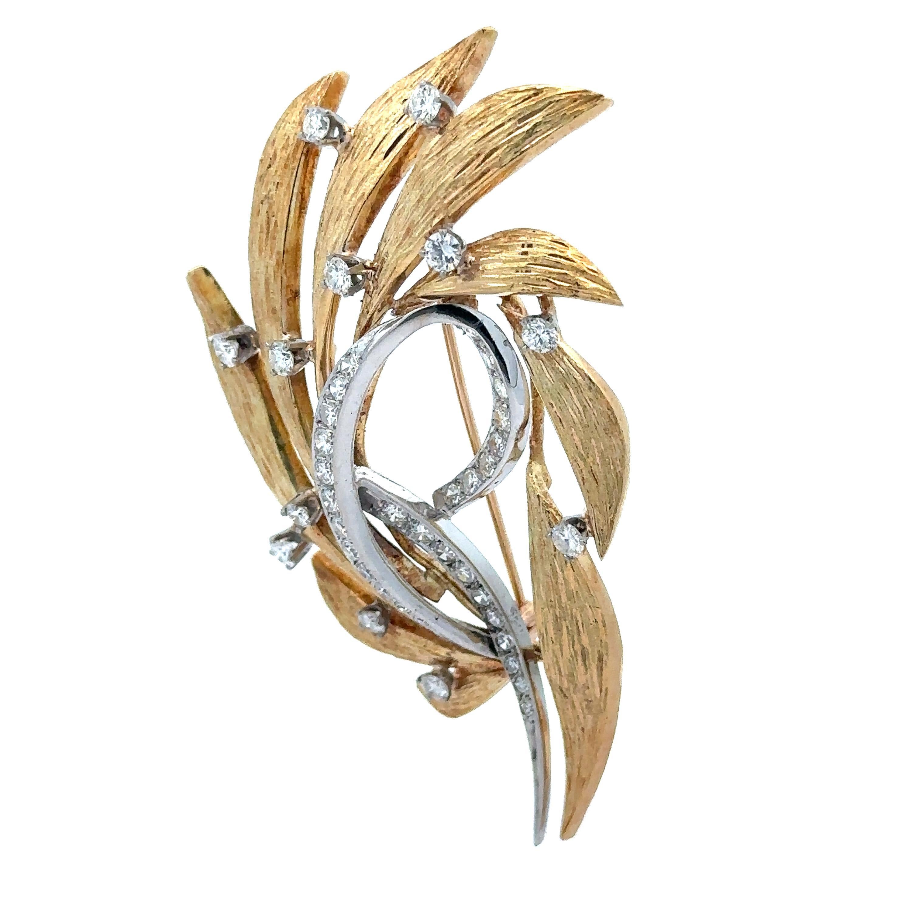 Solide Gold hohe Qualität 1ctw Diamant texturiert poliert Multi Leaf Pin Brosche Damen im Angebot