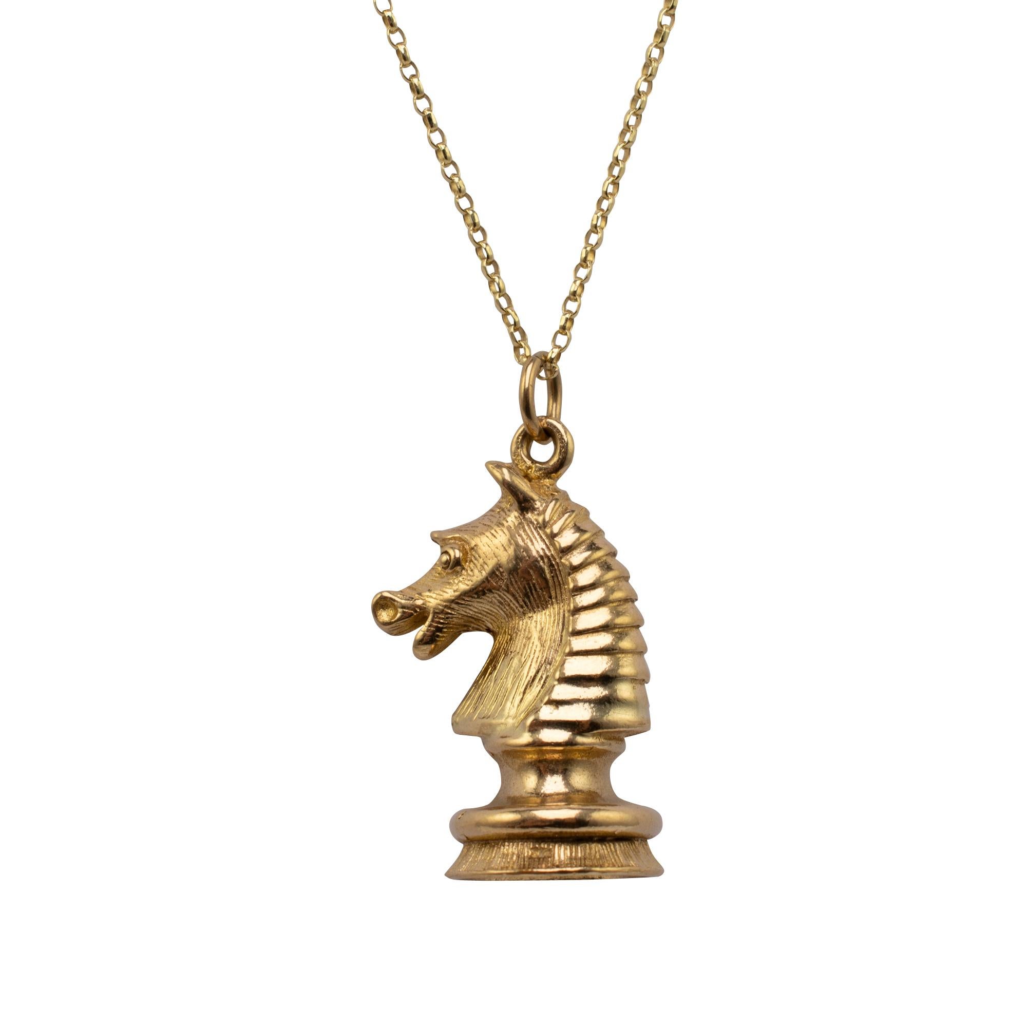 Art Deco Solid Gold Horse Knight Chess Piece Pendant Necklace, Hallmarked London 1971