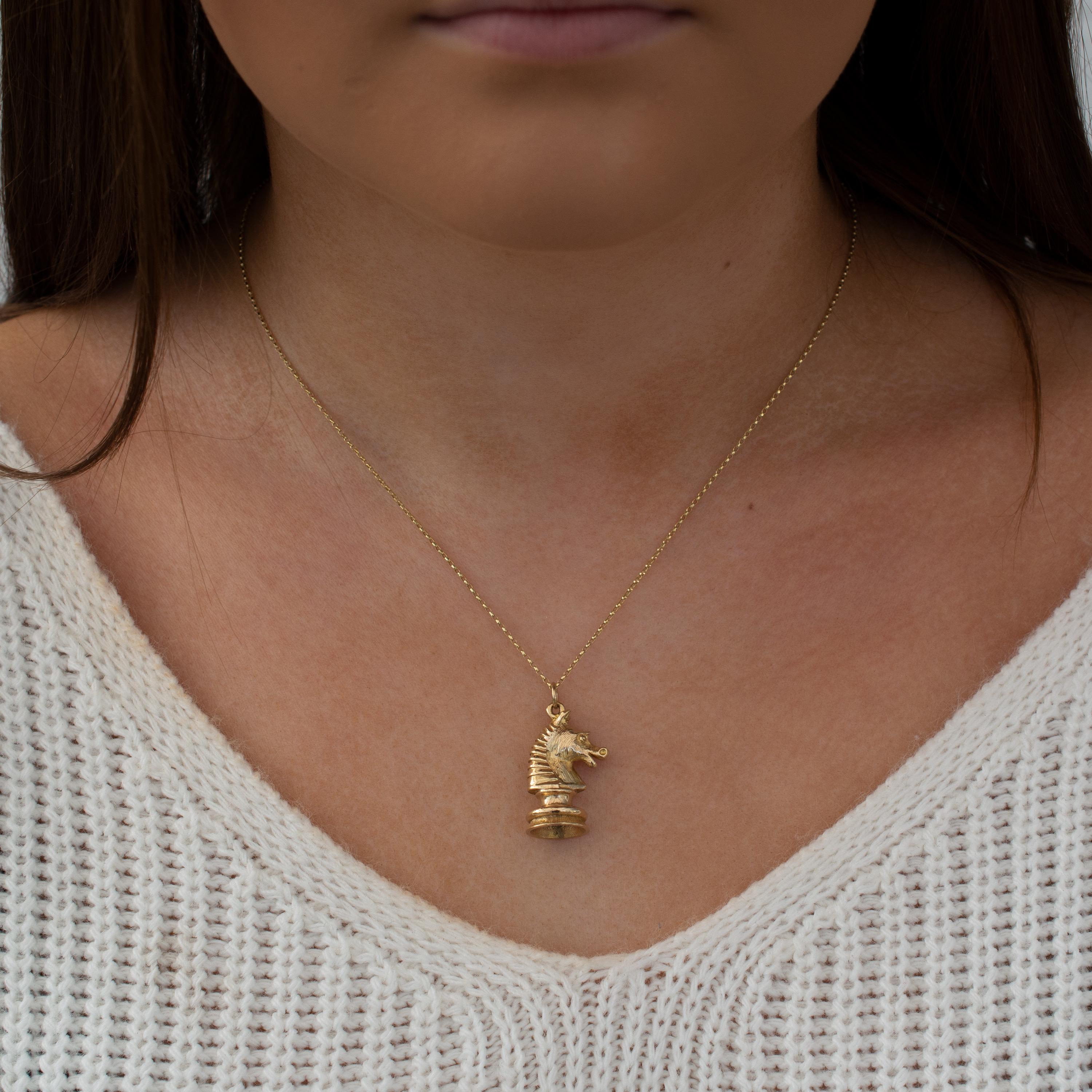 Women's Solid Gold Horse Knight Chess Piece Pendant Necklace, Hallmarked London 1971