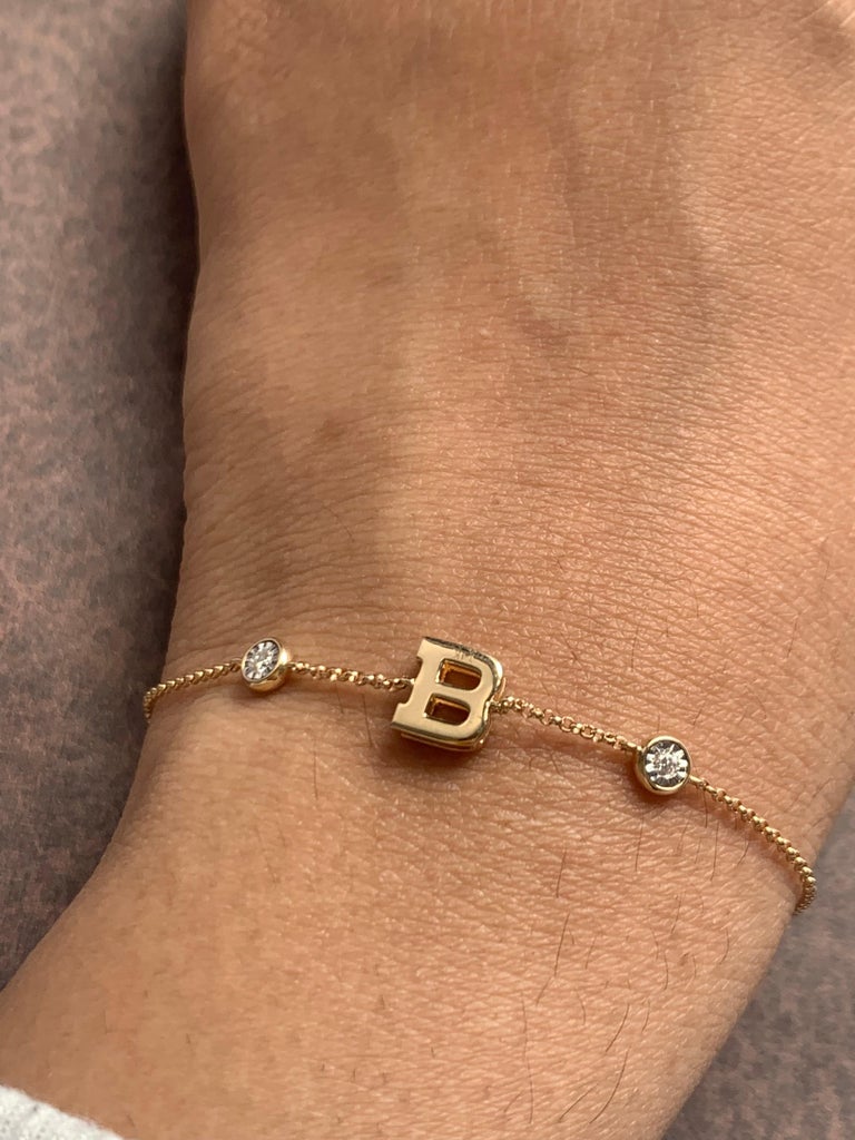 Solid Gold Initial Bracelets with Round Natural Diamonds, Letter