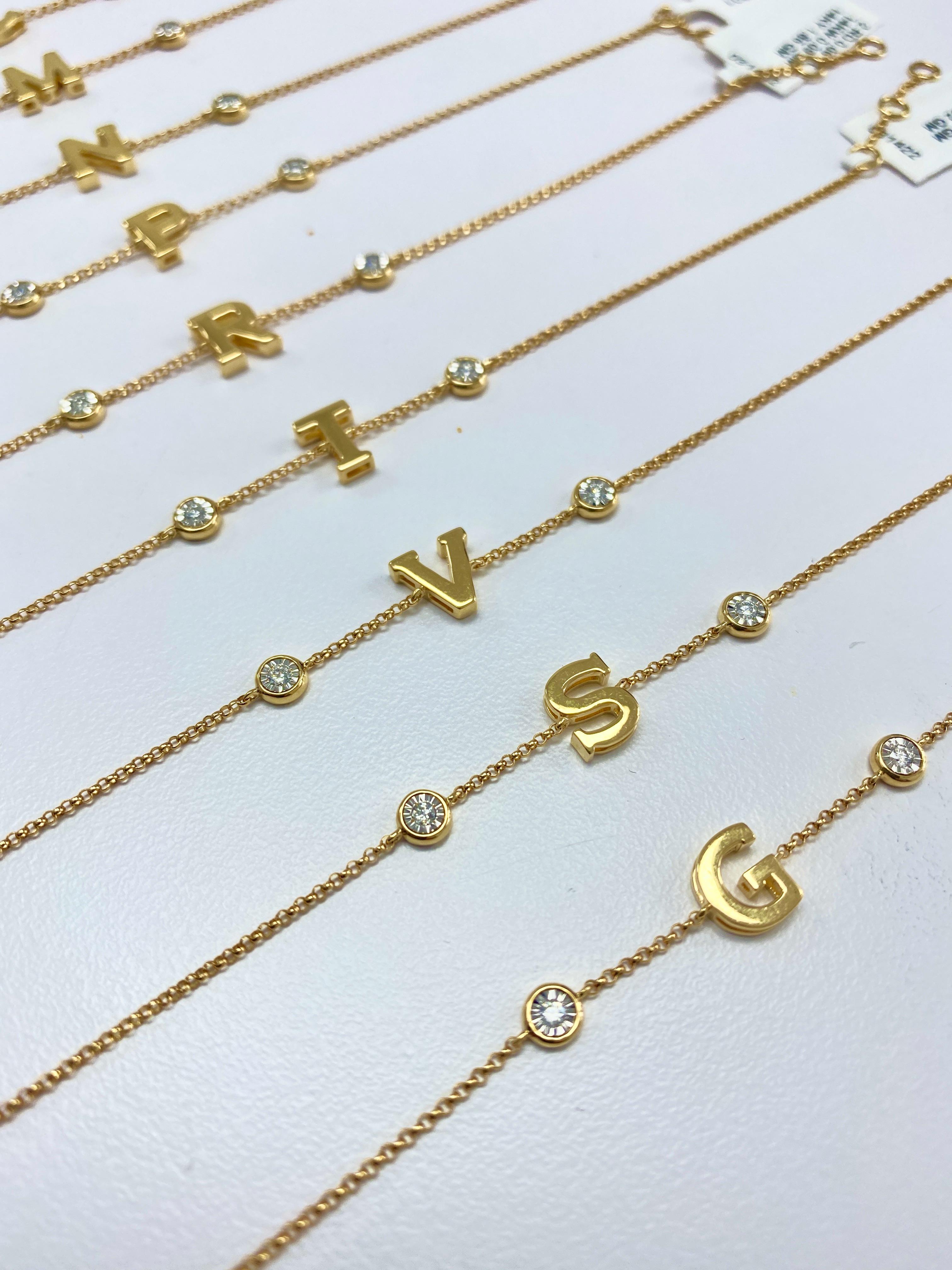 Women's or Men's Solid Gold Initial Bracelets with Round Natural Diamonds, Letter Bracelets Gold For Sale